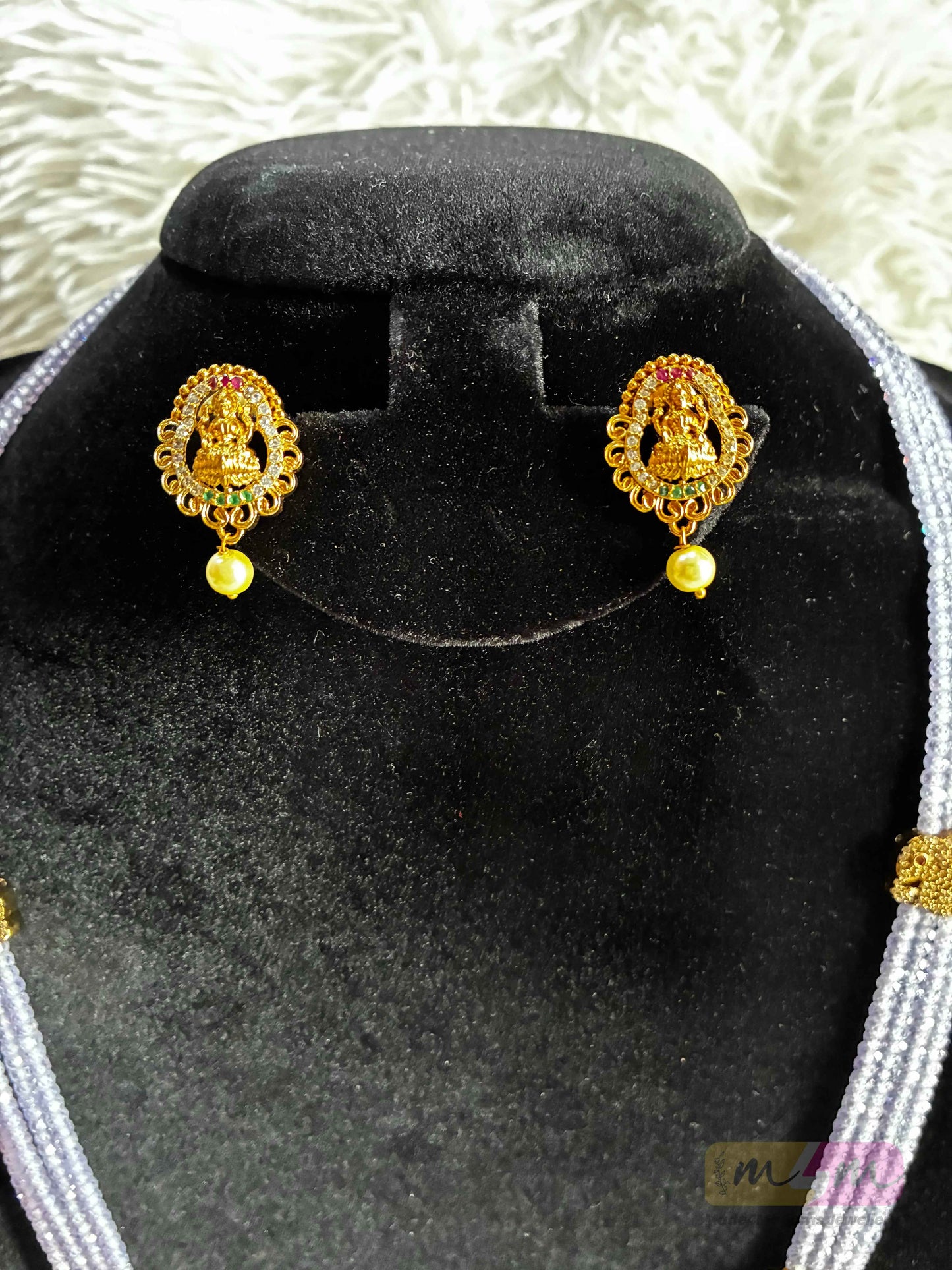 Purple CZ Beaded 4 Layered Haram Necklace with Earrings