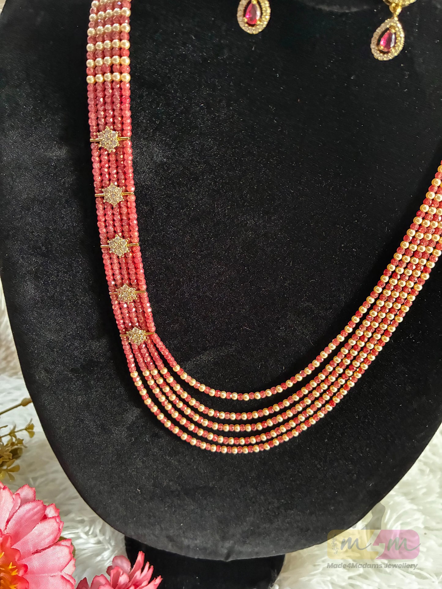 Swarovski & CZ Beaded 5 Layered Haram Necklace with Earrings Made4madams