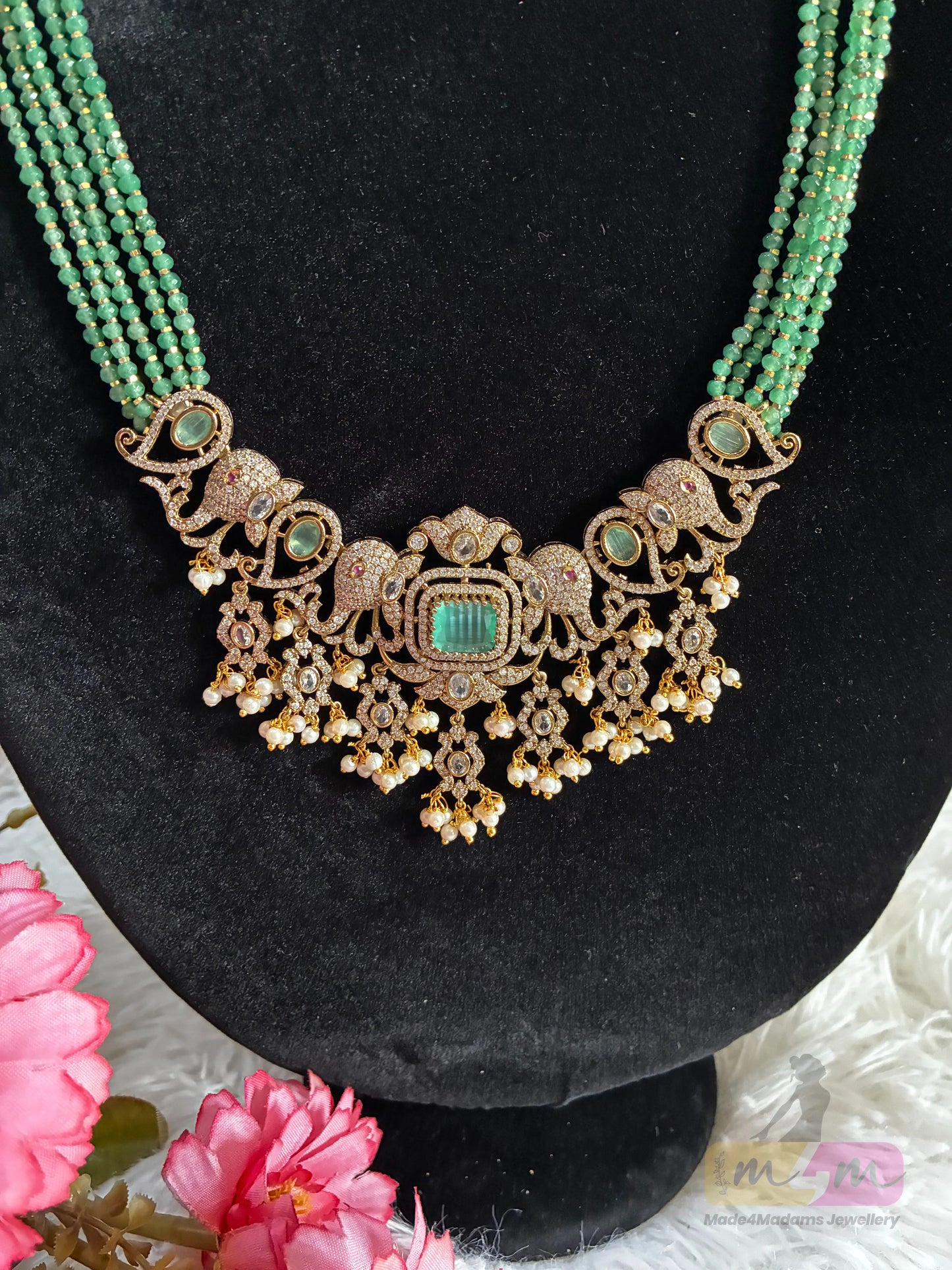 Five- Strand Beaded Necklace Set with Antique Gold Pendant & Earrings Made4Madams