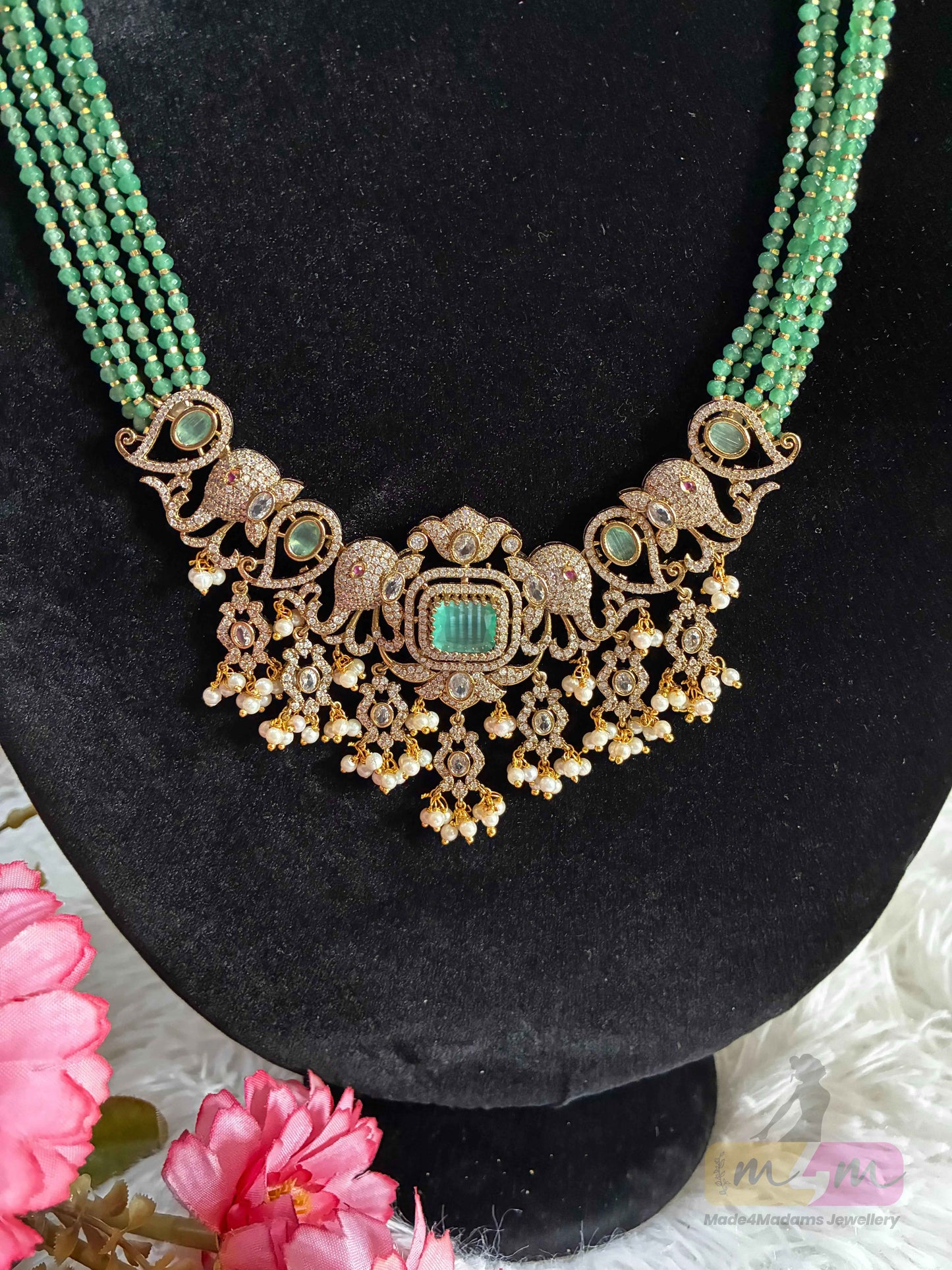 Five- Strand Beaded Necklace Set with Antique Gold Pendant & Earrings