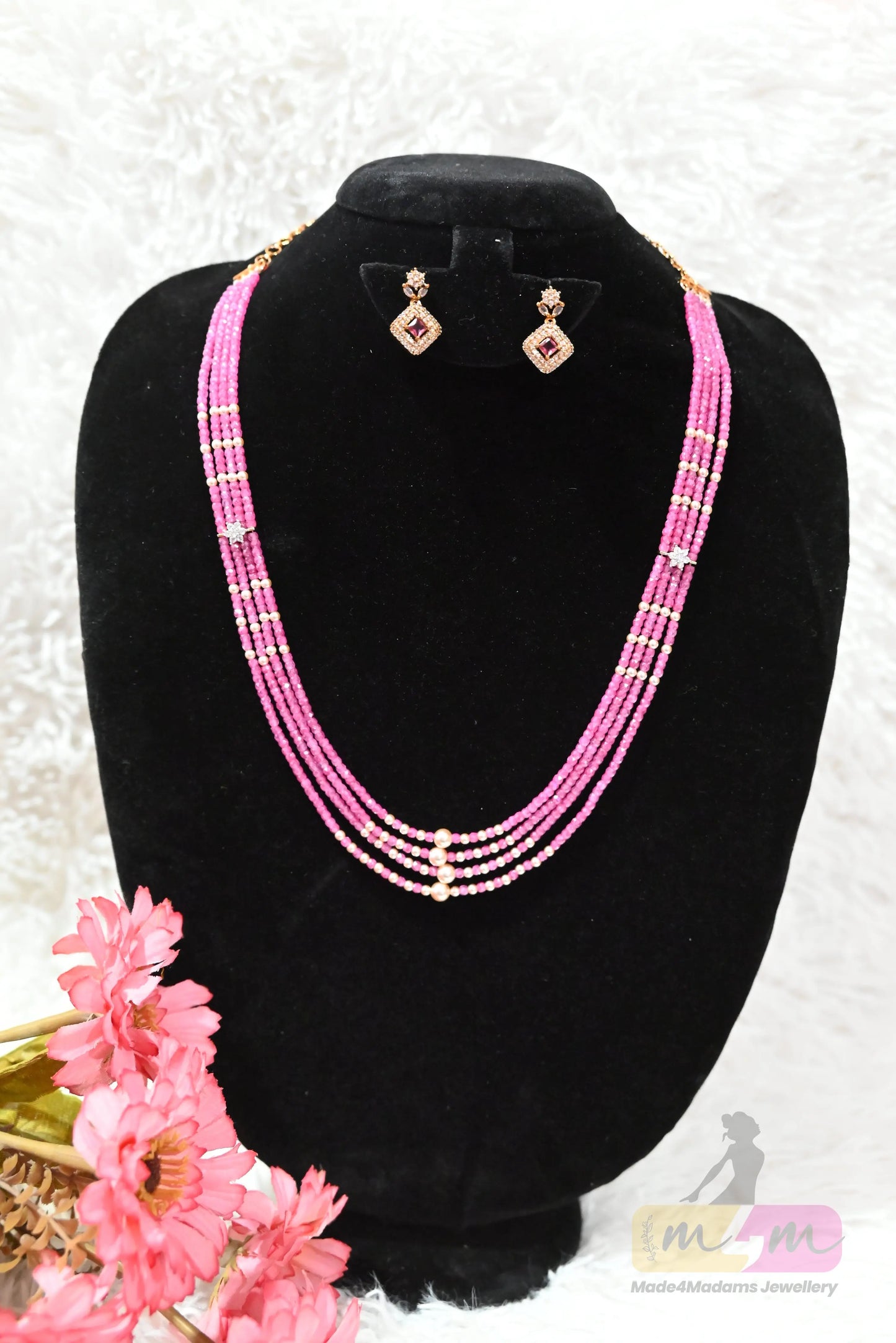 Layered Swarovski & CZ Beaded Haram necklace with Earrings Made4Madams
