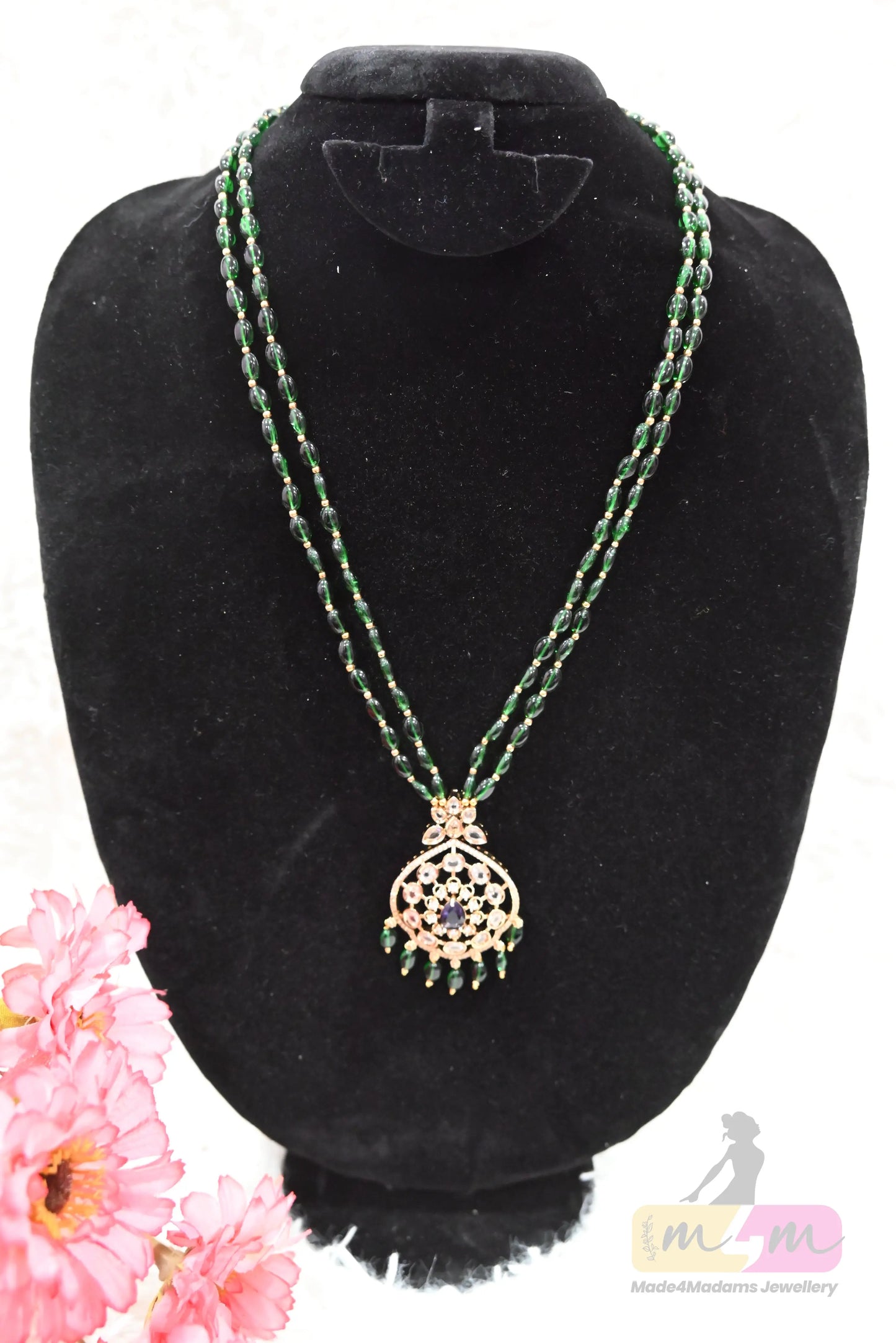 Emerald Green Bead Necklace with Designer Pendant Made4Madams