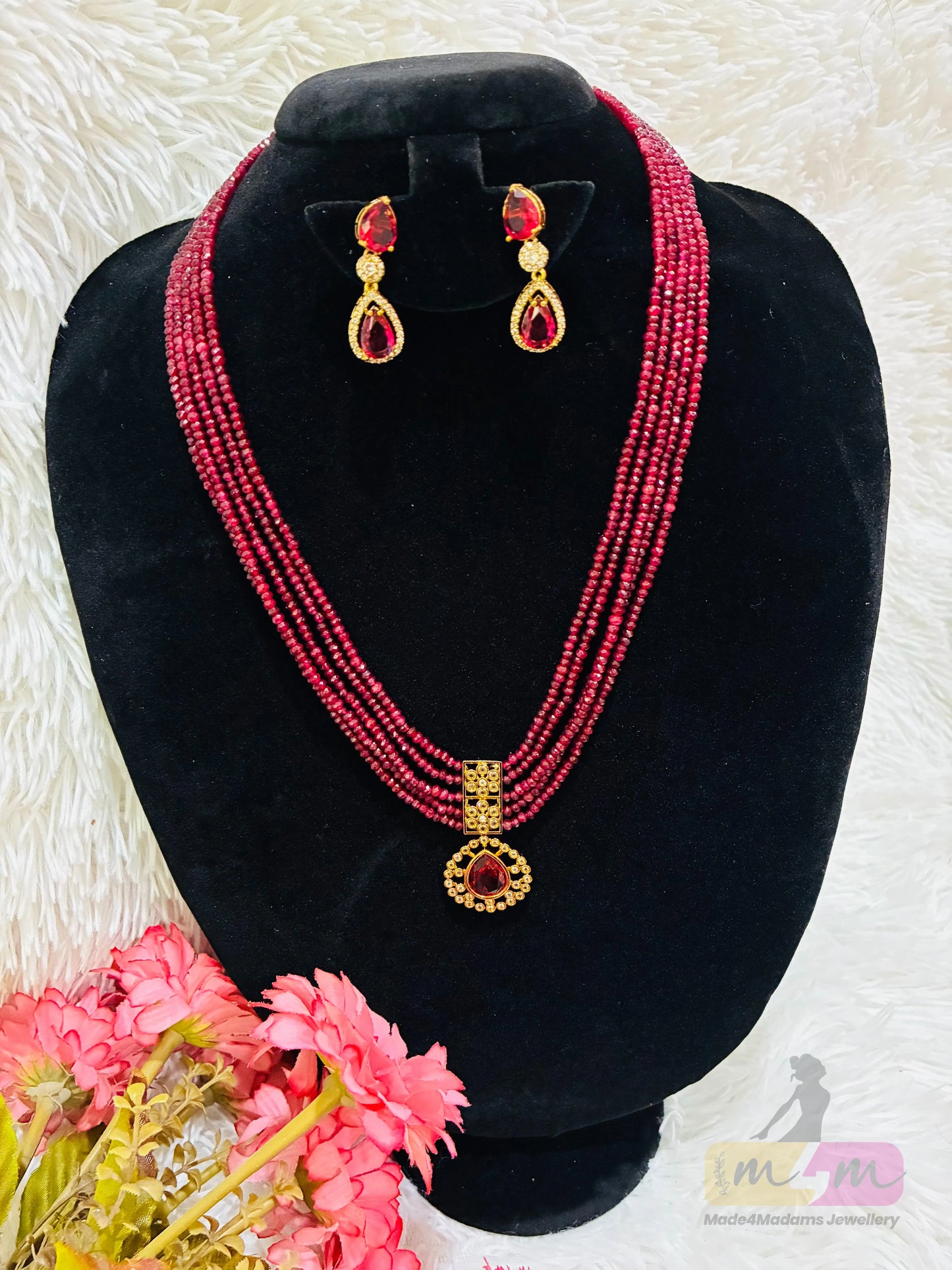 Multi-Strand Beaded Necklace Set with Kundan Pendant & Earrings Made4Madams