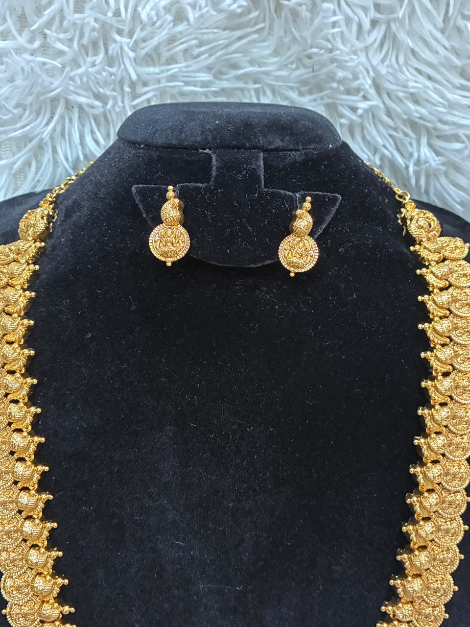Traditional Antique Gold Lakshmi Coin Haram with Matching Earrings