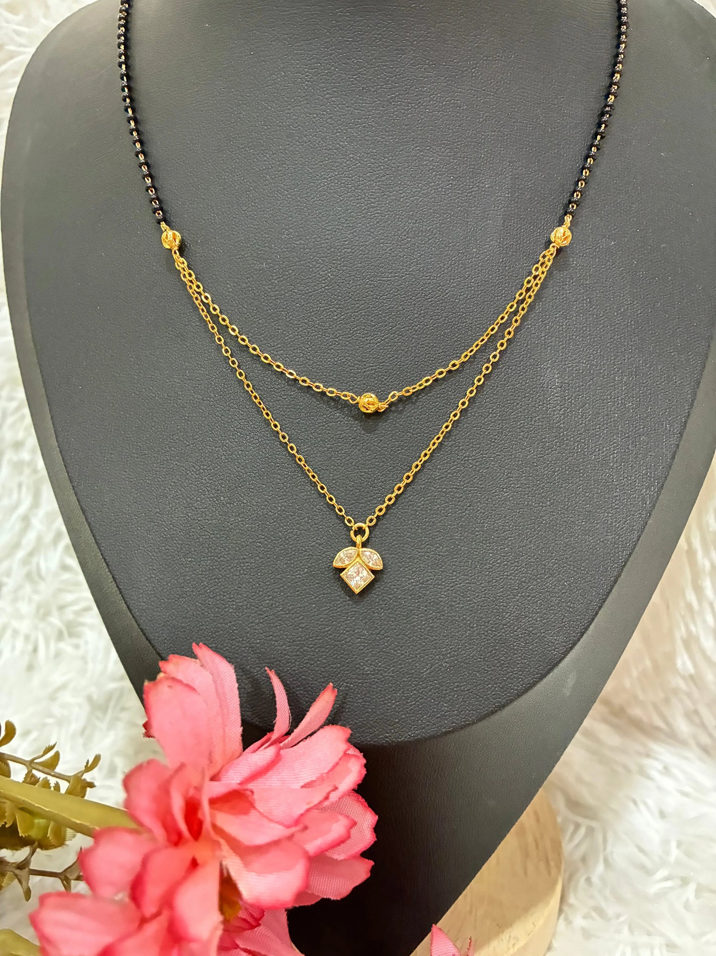 Modern Style Double strand Black Bead chain and Floral CZ Pendant Made4Madams