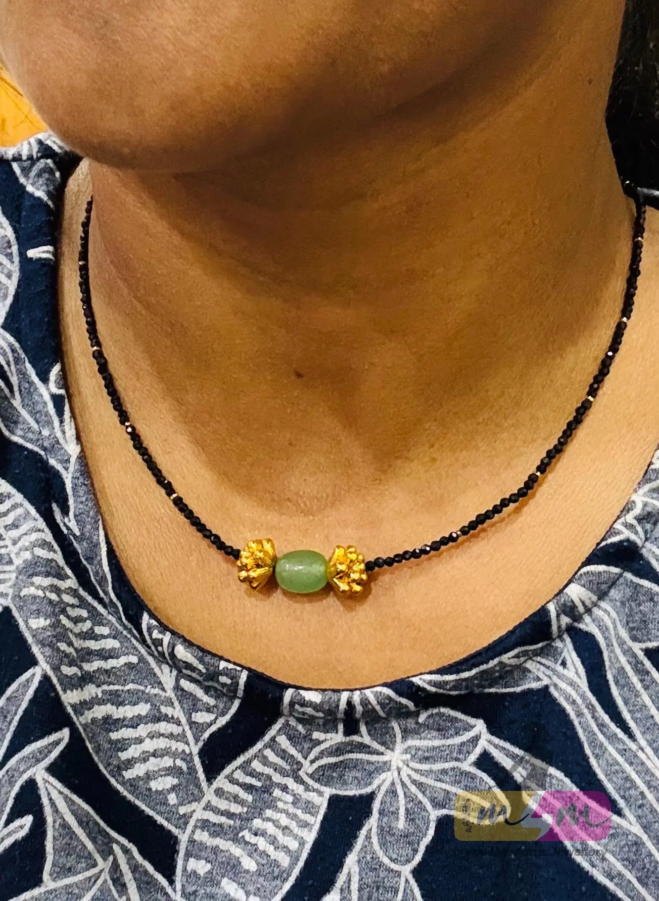 Black Beaded Mangalsutra Chain with Green stone Made4Madams