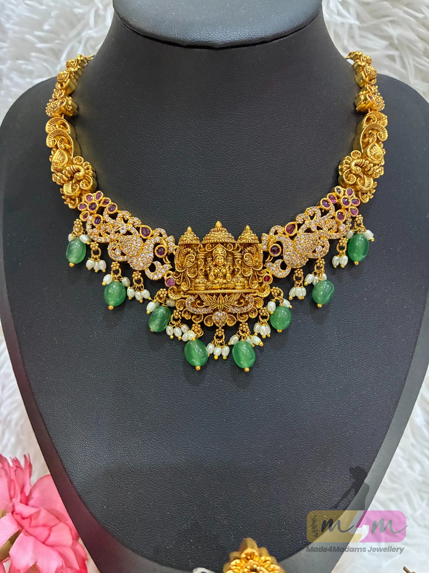 Gold-plated traditional Indian temple design necklace and earrings Jewelry set Made4Madams