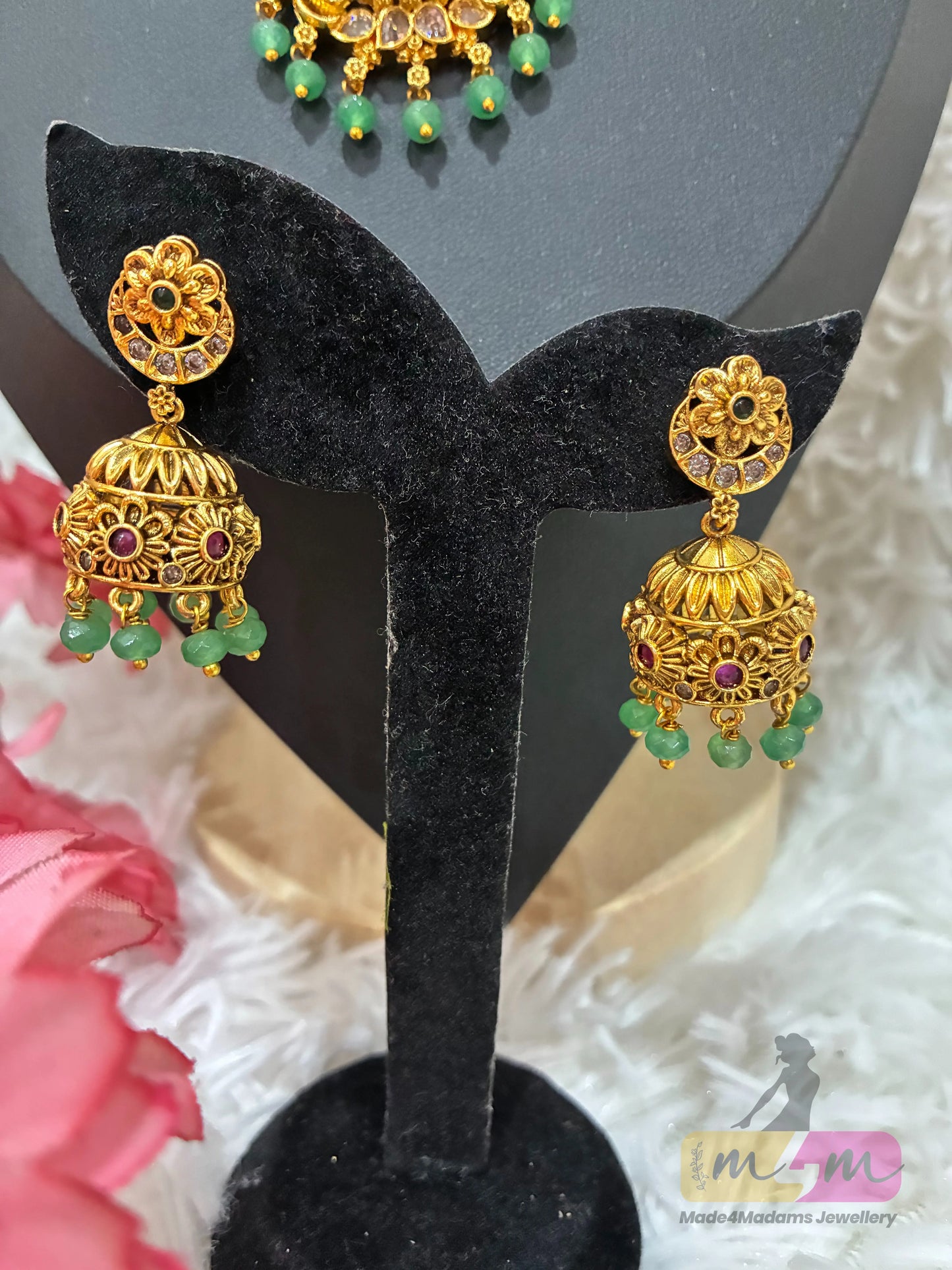 Nakshi finish gold temple jewelry necklace set with green beads Made4Madams