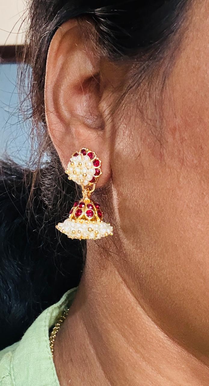 Red Stone and Pearl Vintage style Mediam Size Jhumka