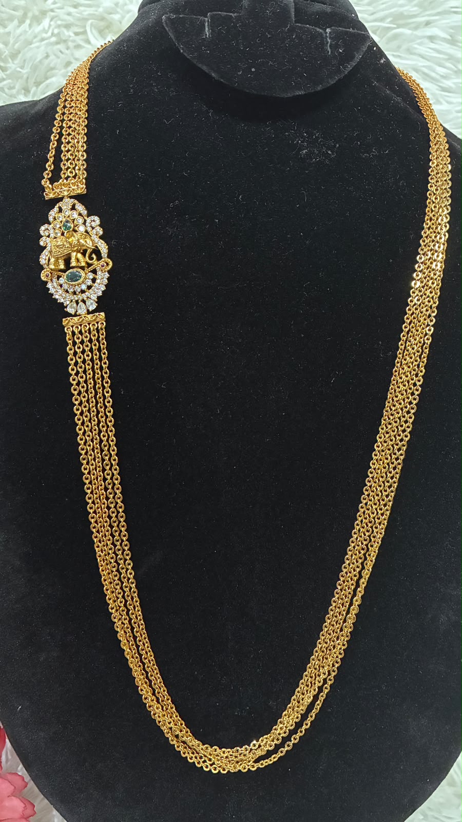 Necklace - 5 Lines Elephant Motif Chandraharam - Green