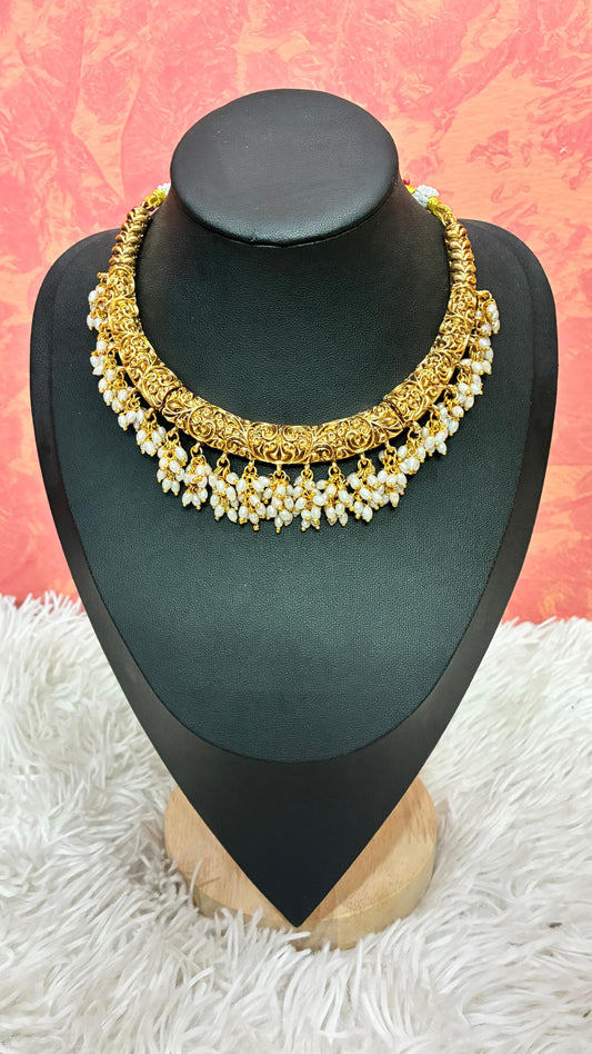 Antique gold-plated Hasli rice pearl necklace