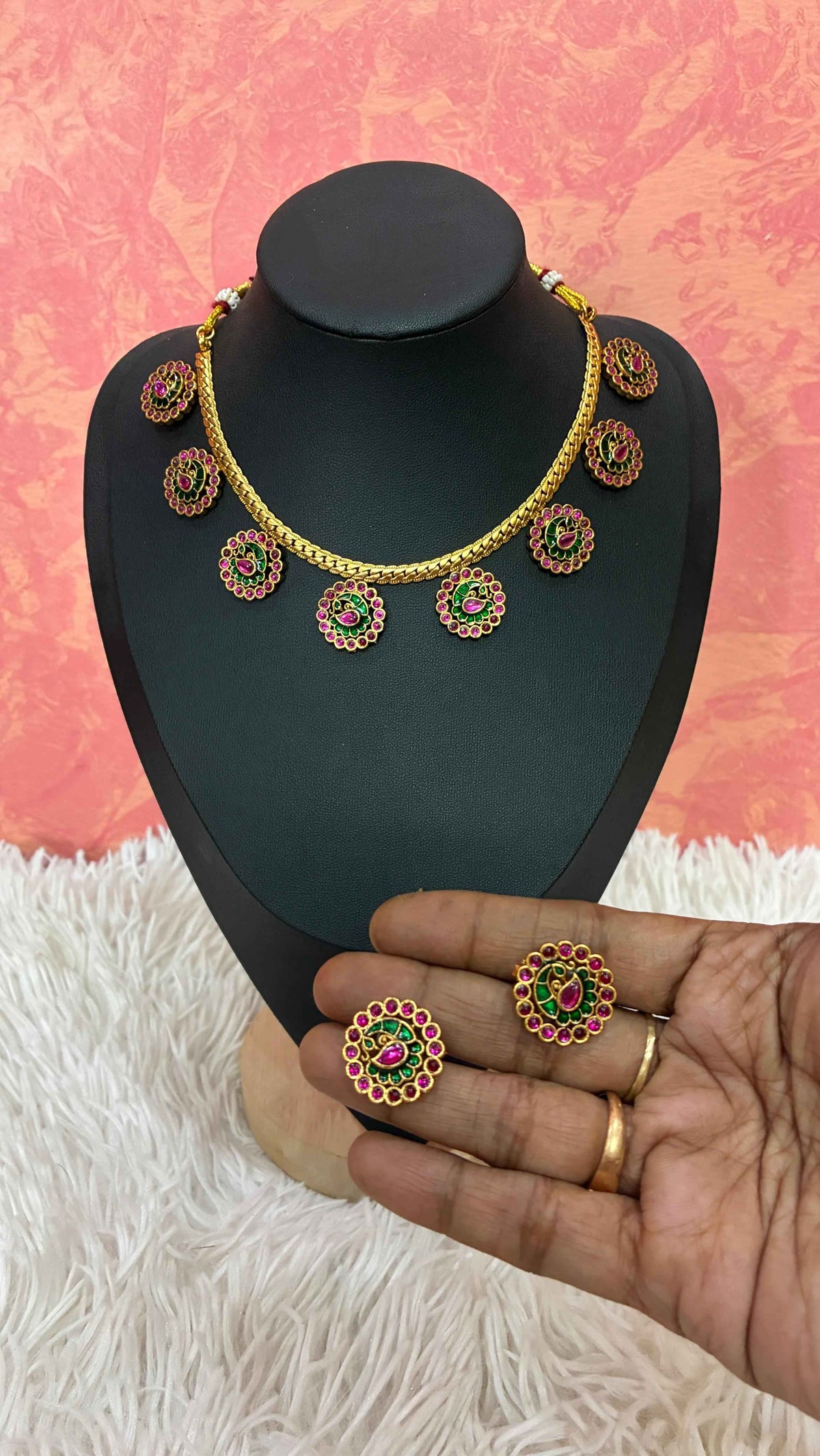 Ruby-pink and green floral and peacock motifs Necklace Set