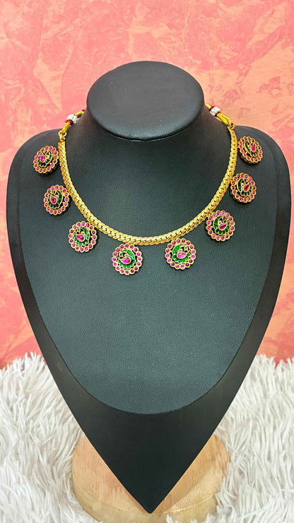 Ruby-pink and green floral and peacock motifs Necklace Set