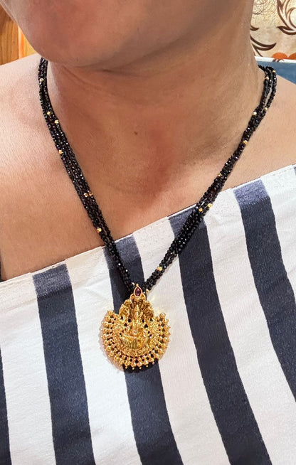 3 in One Combo Set- Nanu & Crystal Black Beads with Lakshmi Motif Pendant with Earrings Made4Madams