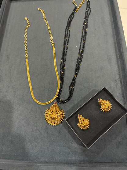 3 in One Combo Set- Nanu & Crystal Black Beads with Lakshmi Motif Pendant with Earrings Made4Madams
