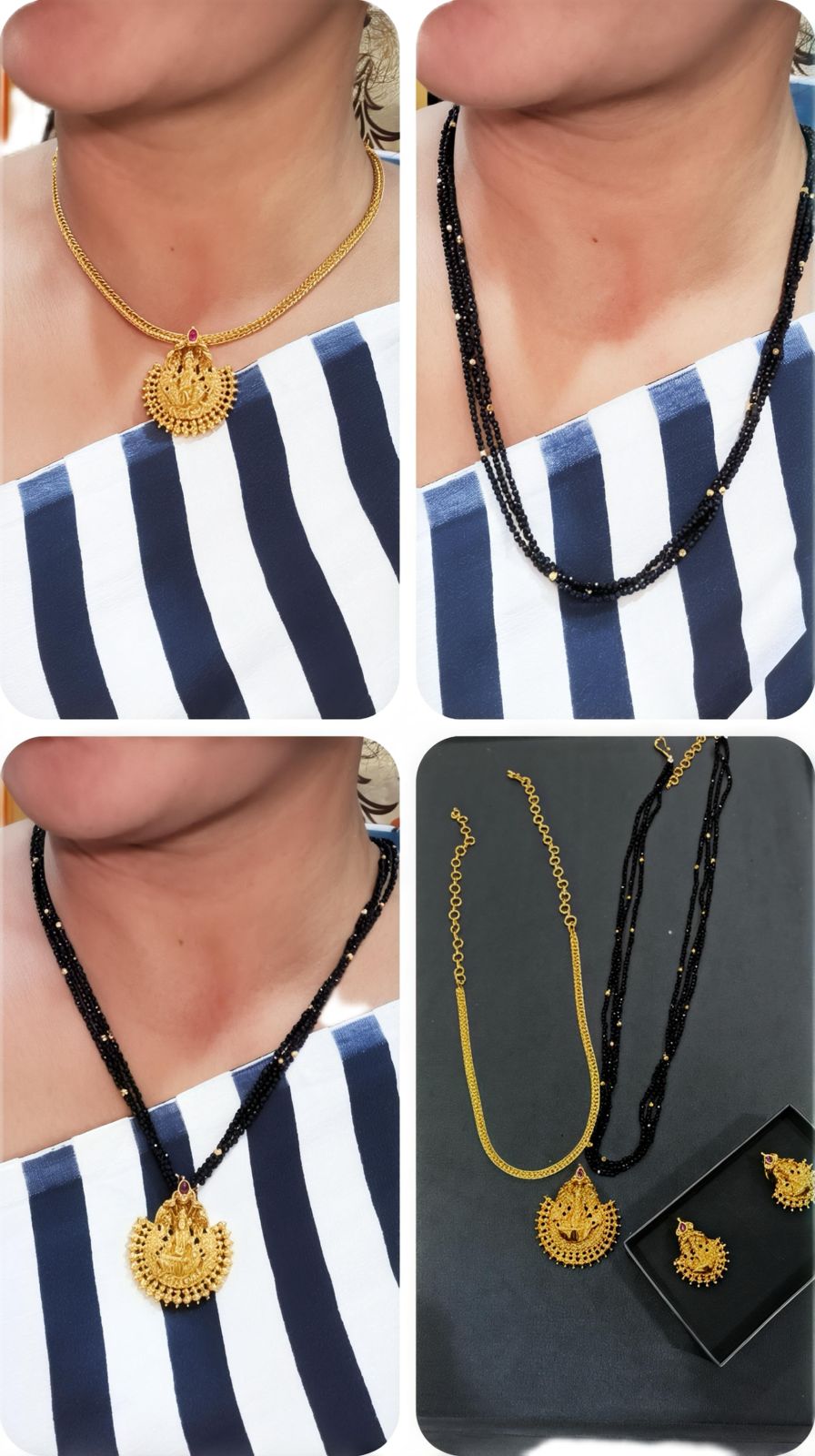 3 in One Combo Set- Nanu & Crystal Black Beads with Lakshmi Motif Pendant with Earrings Made4Madams
