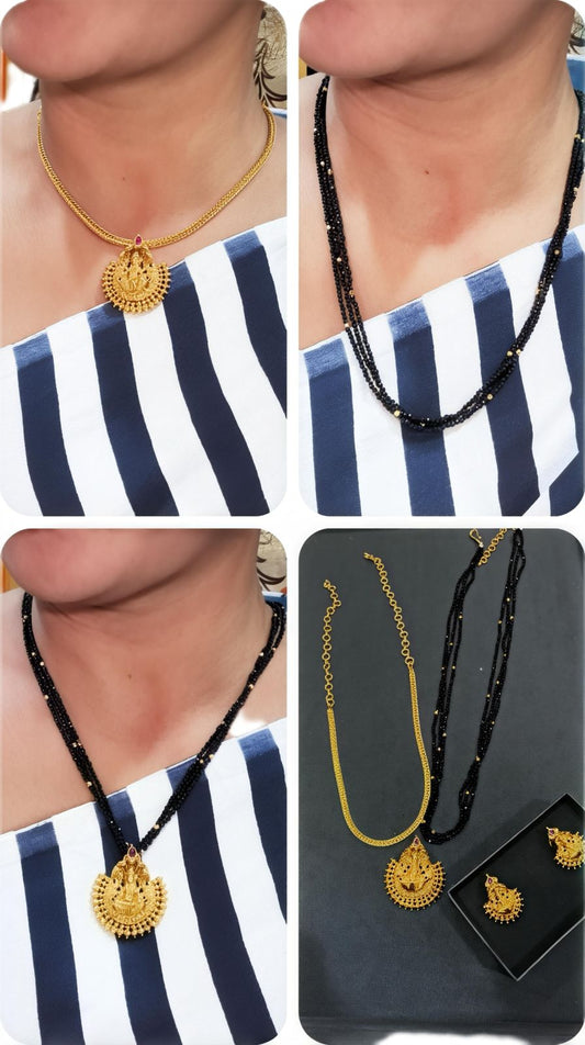 3 in One Combo Set- Nanu & Crystal Black Beads with Lakshmi Motif Pendant with Earrings Made4Madams