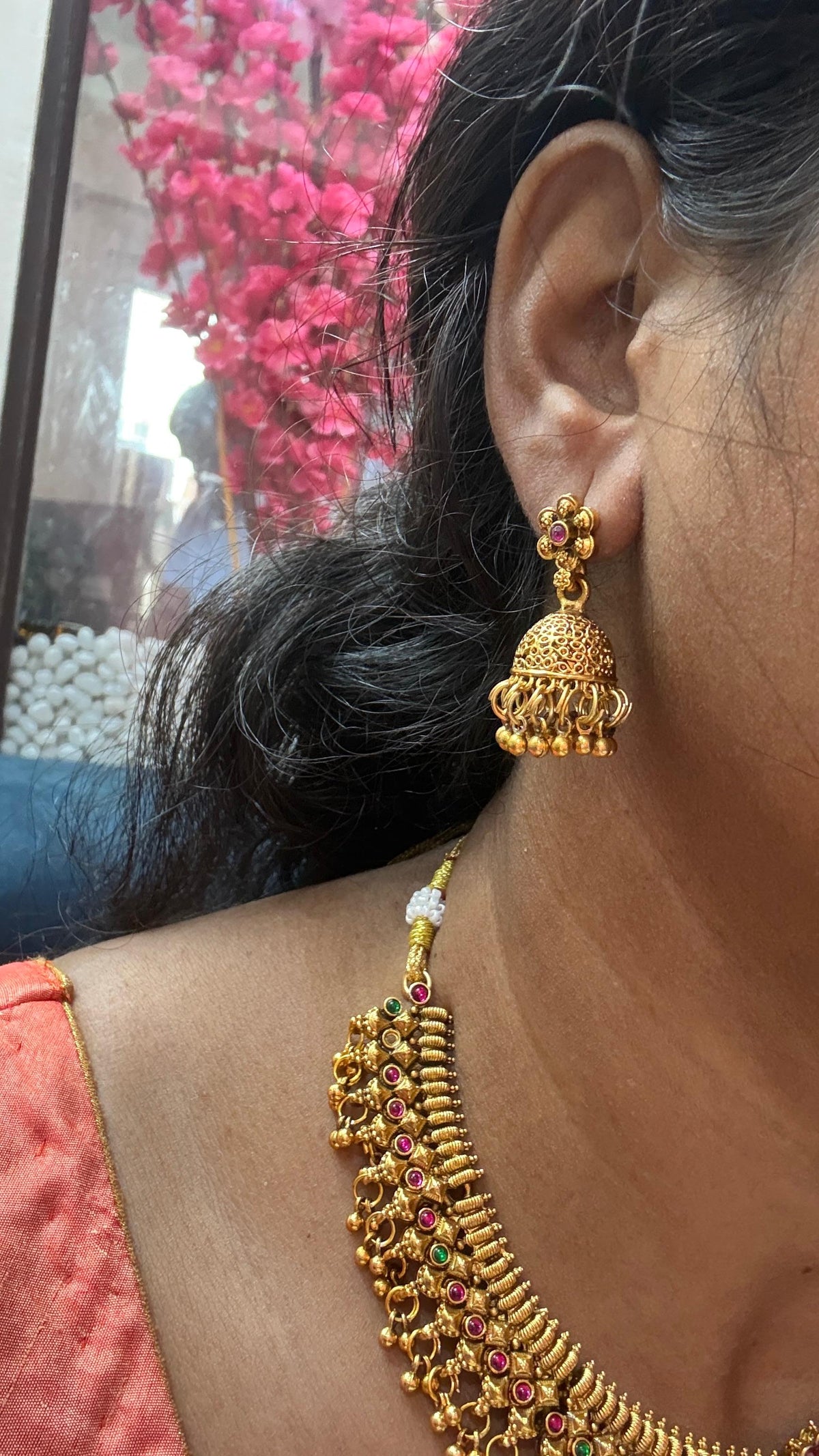 Floral kemp stone pendant and matching jhumka earrings
