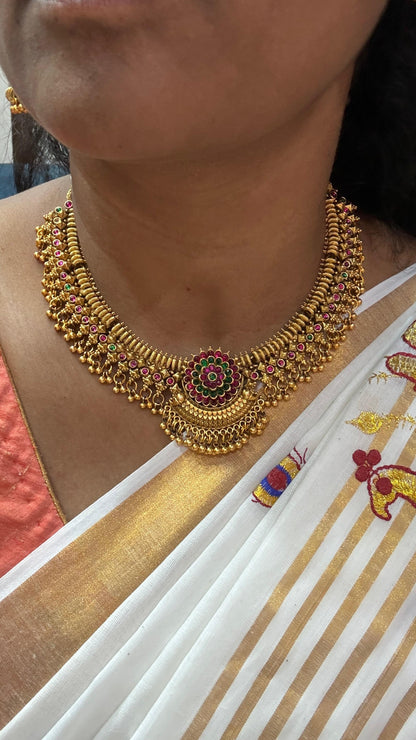 Floral kemp stone pendant and matching jhumka earrings