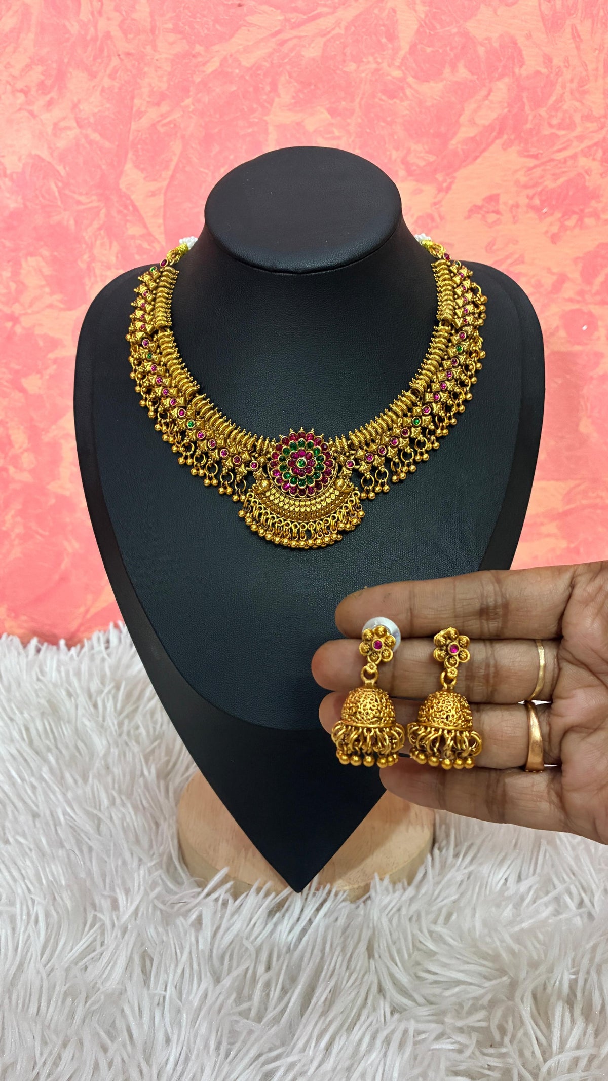 Floral kemp stone pendant and matching jhumka earrings