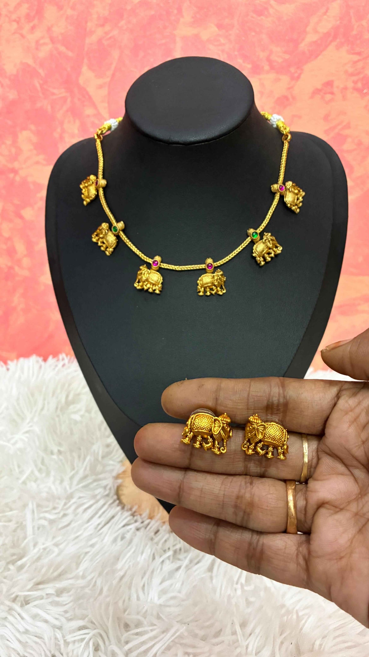 Micro-gold-plated elephant motif necklace and matching earring set