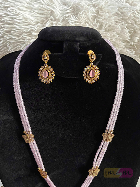CZ Beaded 3 Layered Pendant Haram Necklace with Earrings