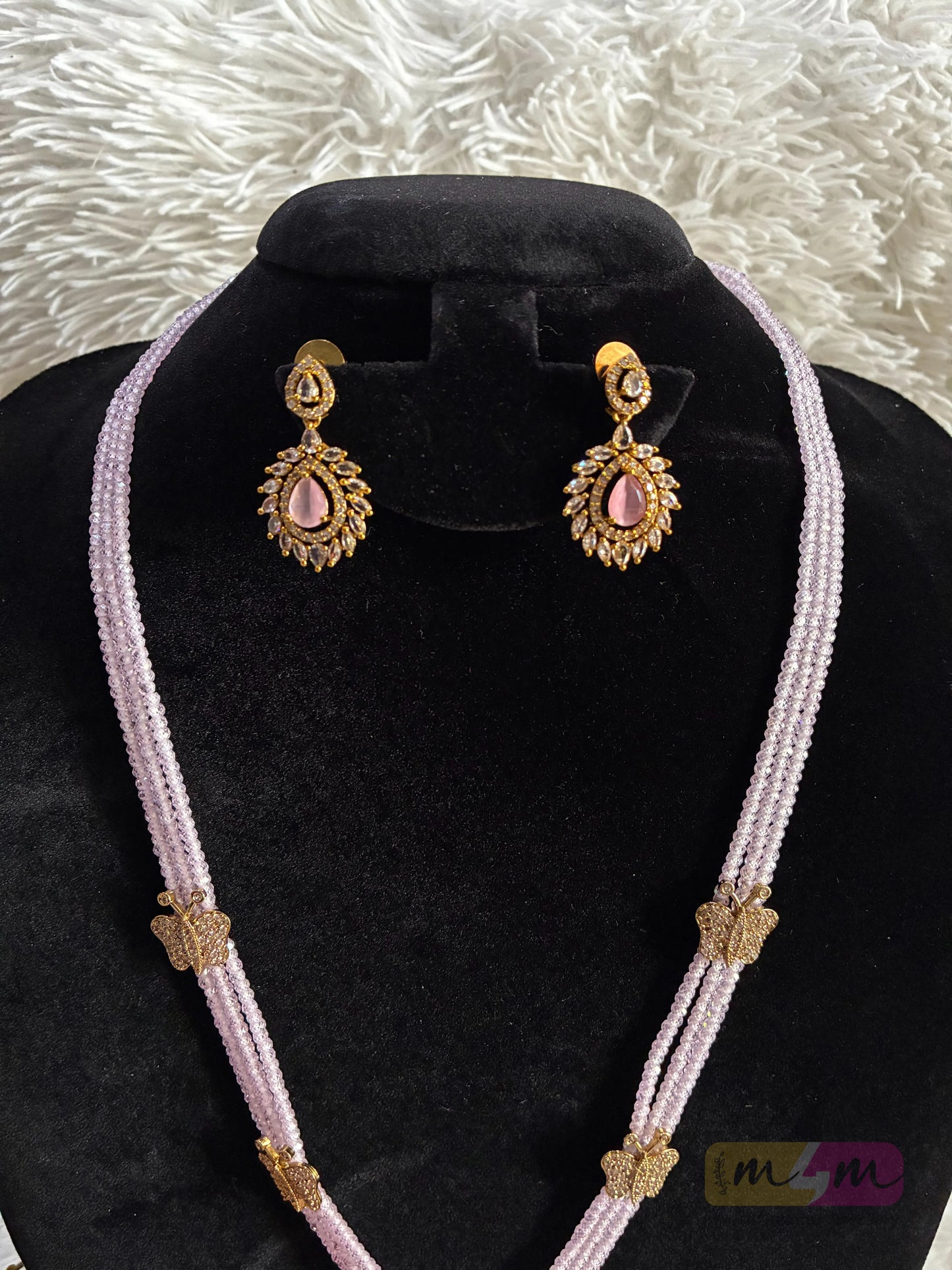 CZ Beaded 3 Layered Pendant Haram Necklace with Earrings Made4Madams