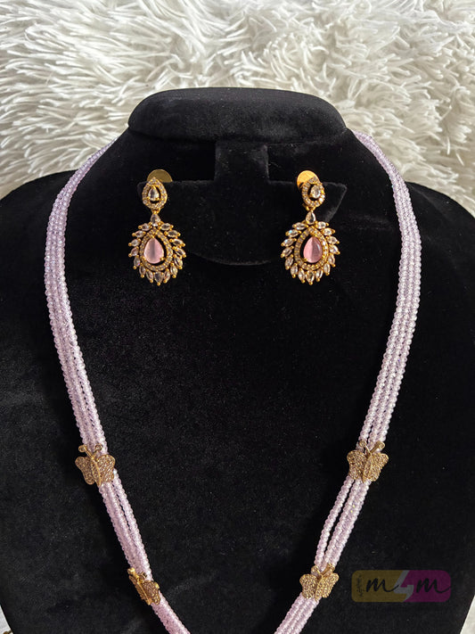 CZ Beaded 3 Layered Pendant Haram Necklace with Earrings Made4Madams