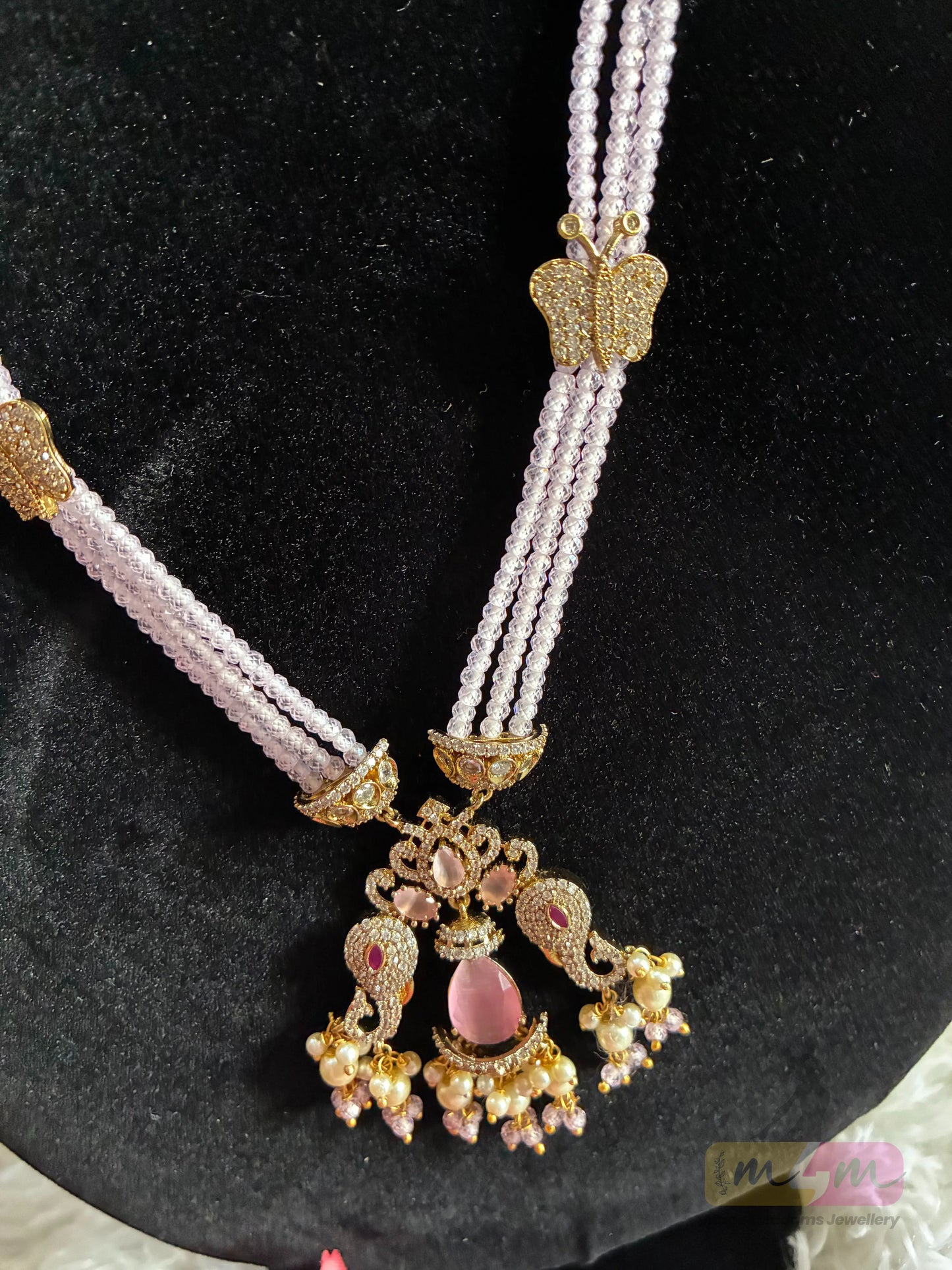 CZ Beaded 3 Layered Pendant Haram Necklace with Earrings Made4Madams