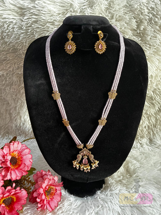 CZ Beaded 3 Layered Pendant Haram Necklace with Earrings Made4Madams