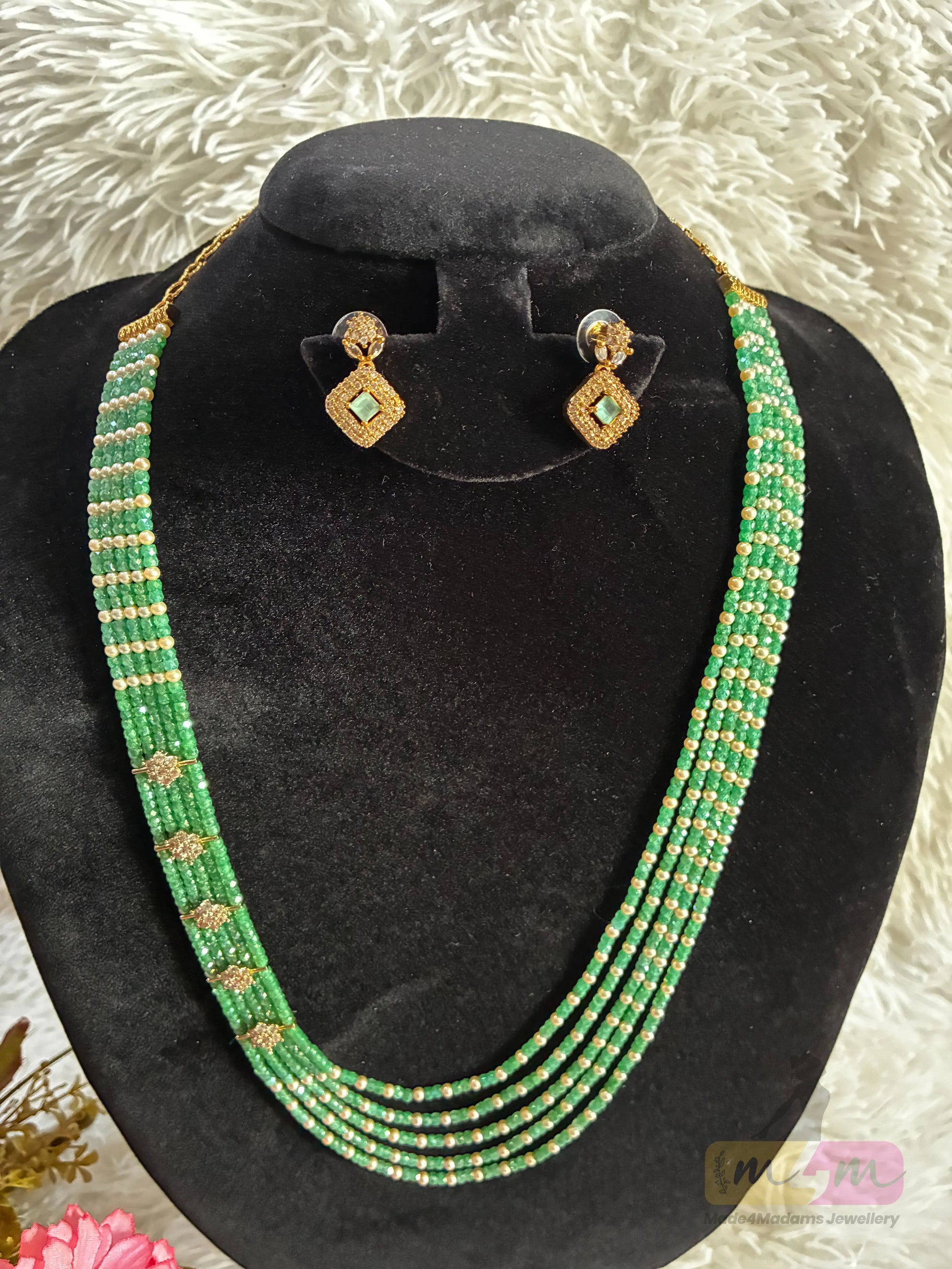 Swarovski & CZ Beaded 5 Layered Haram Necklace with Earrings Made4madams