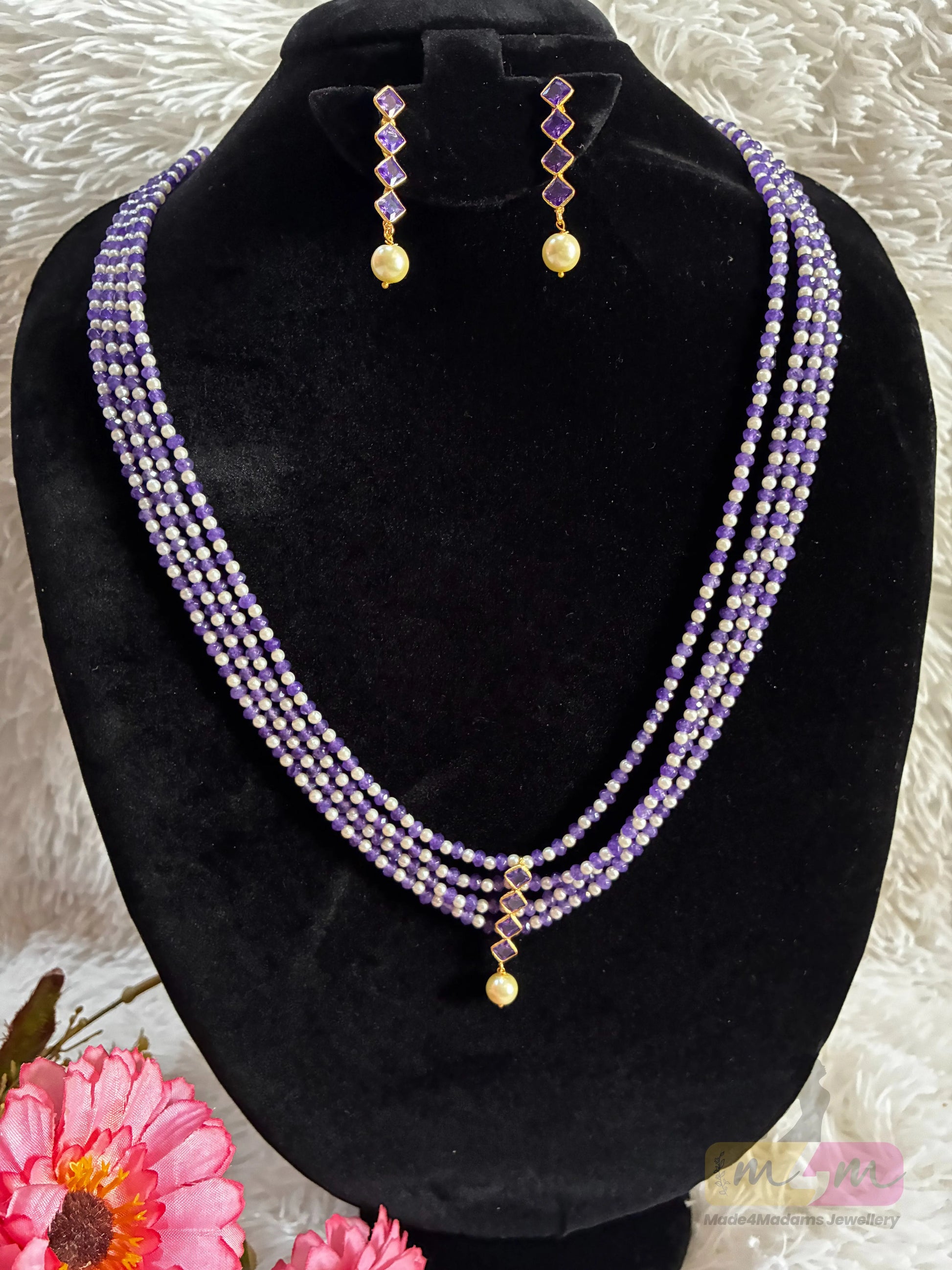 Swarovski & CZ Beaded 4 Layered Haram Necklace with Earrings Made4Madams