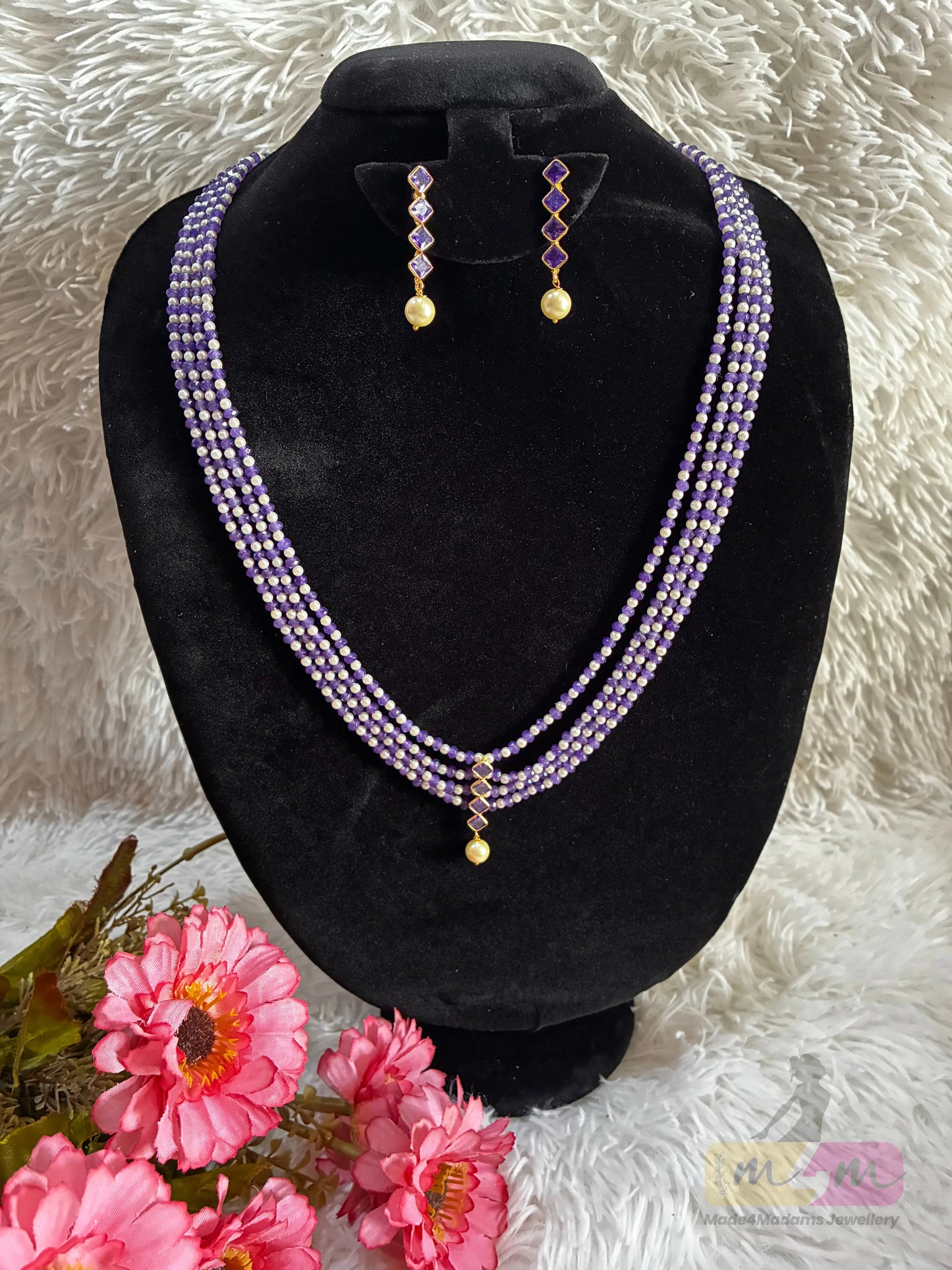 Swarovski & CZ Beaded 4 Layered Haram Necklace with Earrings Made4Madams