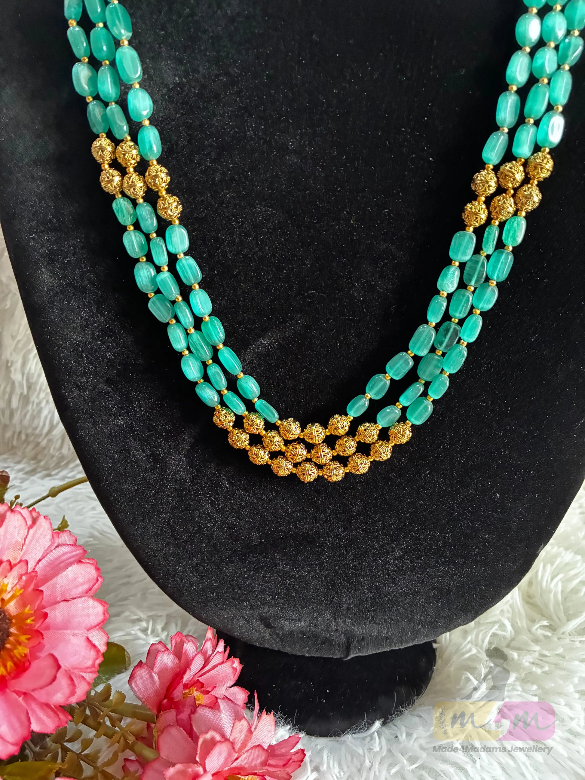 Triple-Strand Green Beaded & Gold balls Haram Necklace Made4madams
