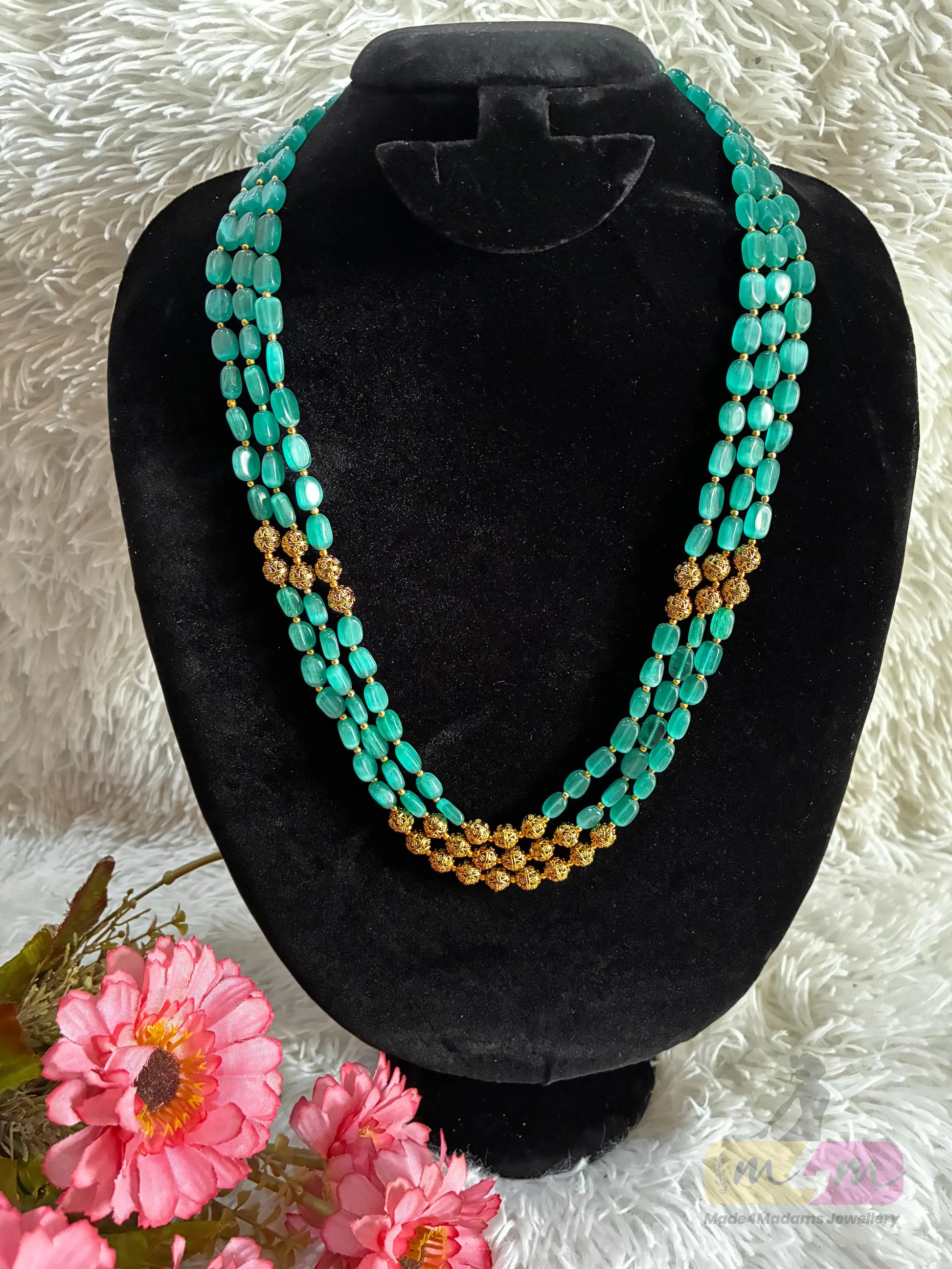 Triple-Strand Green Beaded & Gold balls Haram Necklace Made4madams