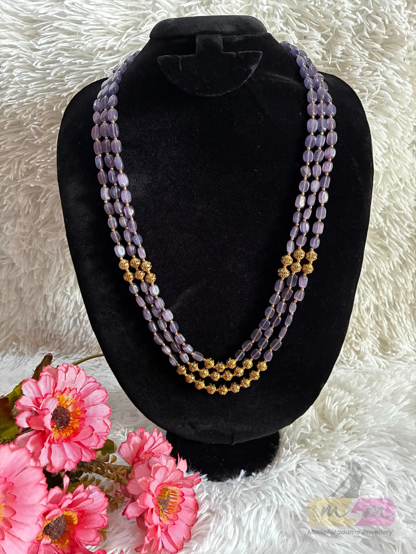 Triple-Strand Green Beaded & Gold balls Haram Necklace Made4madams