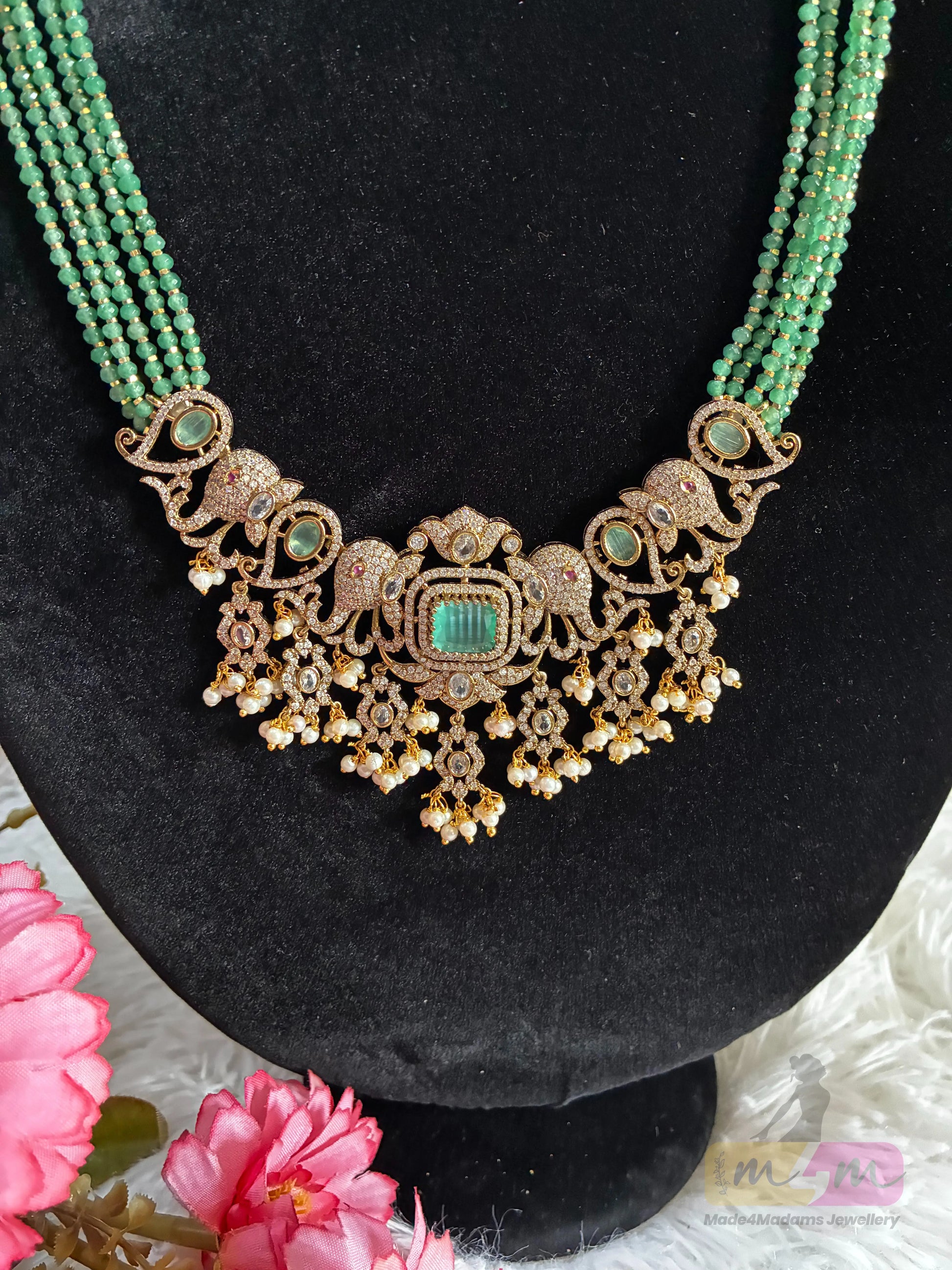 Five- Strand Beaded Necklace Set with Antique Gold Pendant & Earrings Made4Madams