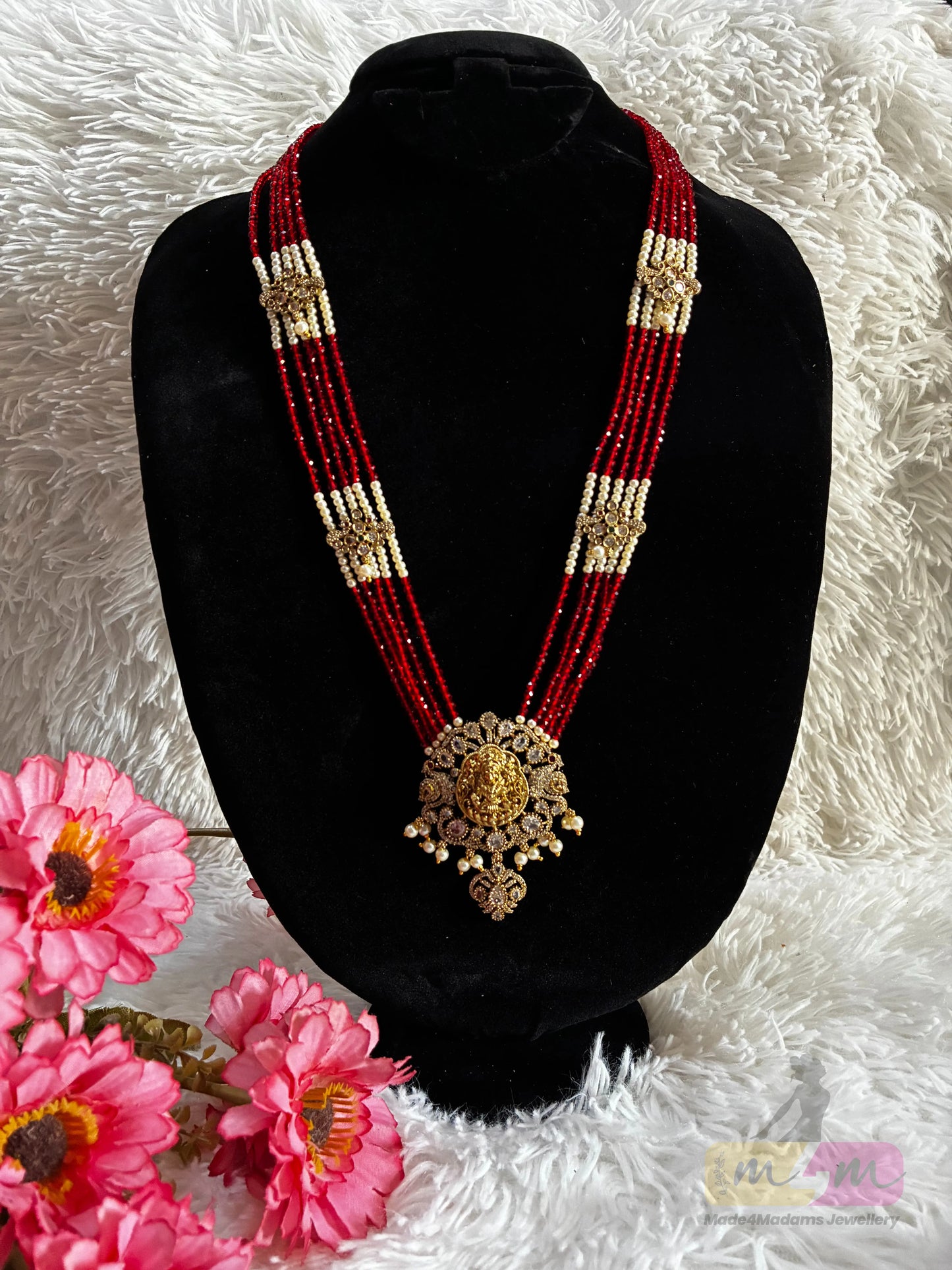 Red & white Beaded Temple Pendant Haram Necklace Made4Madams