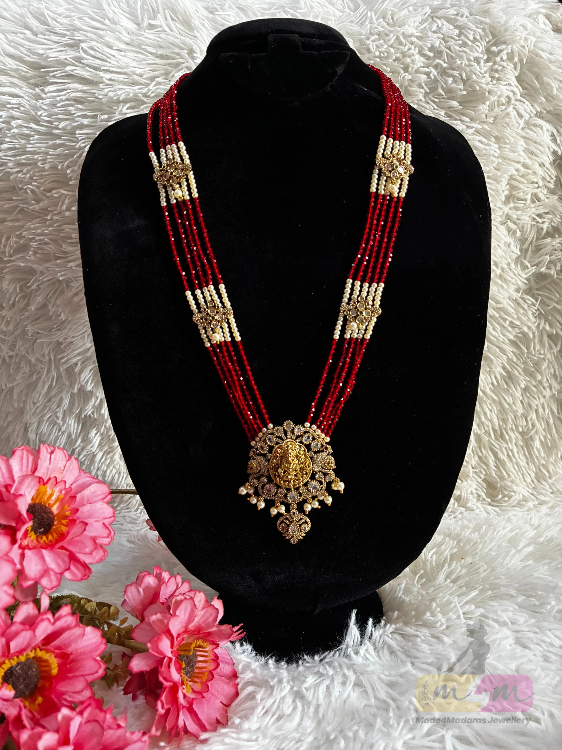 Red & white Beaded Temple Pendant Haram Necklace Made4Madams