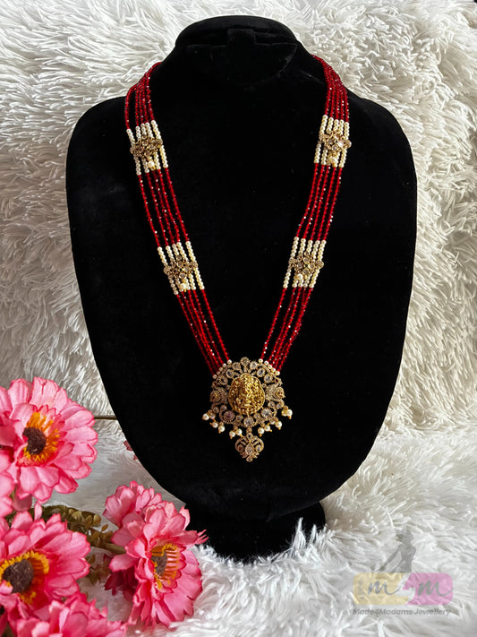 Red & white Beaded Temple Pendant Haram Necklace Made4Madams