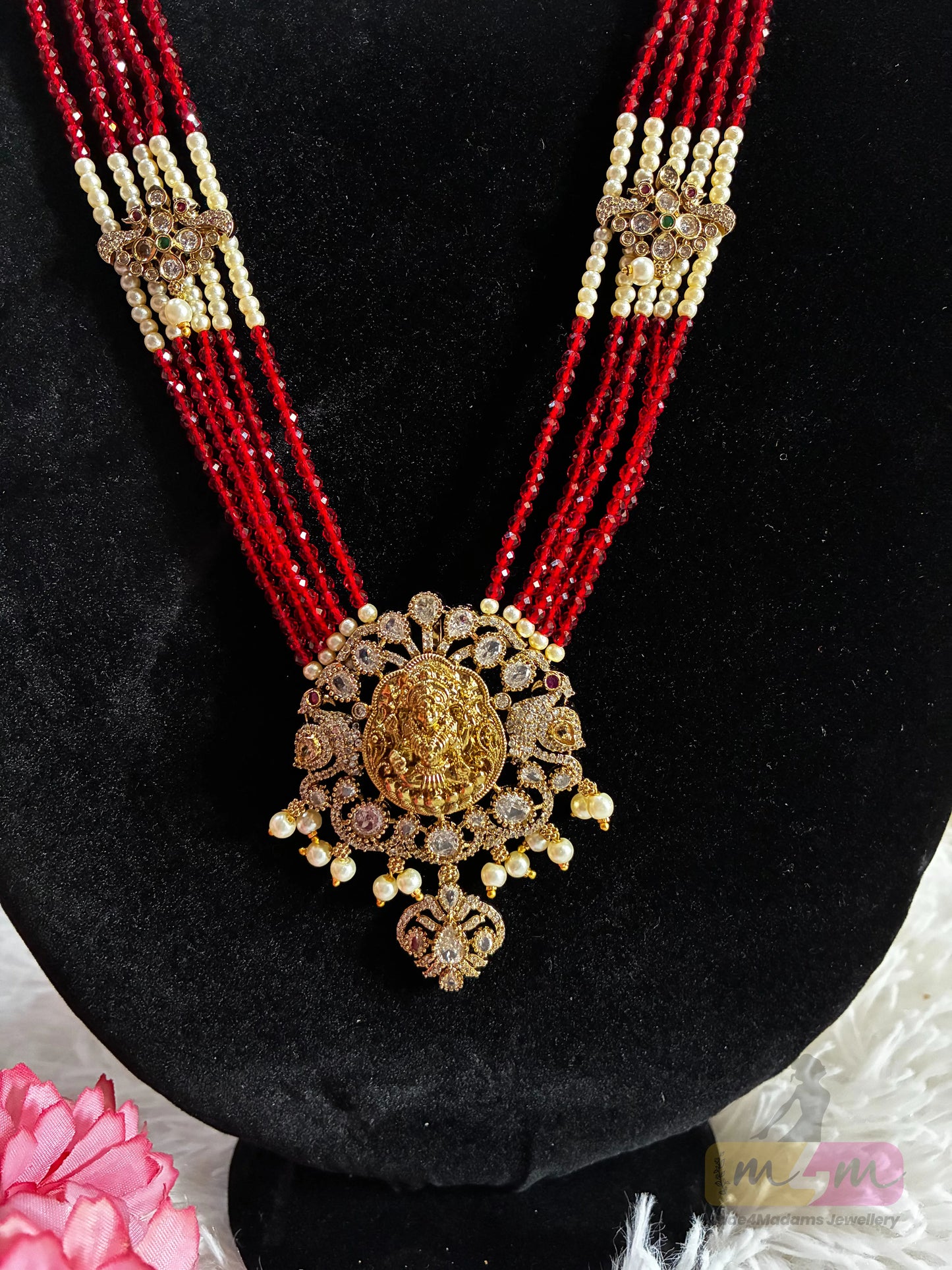 Red & white Beaded Temple Pendant Haram Necklace Made4Madams