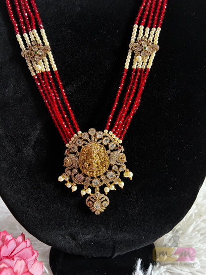 Red & white Beaded Temple Pendant Haram Necklace Made4Madams