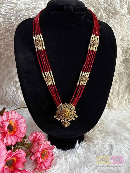 Red & white Beaded Temple Pendant Haram Necklace Made4Madams