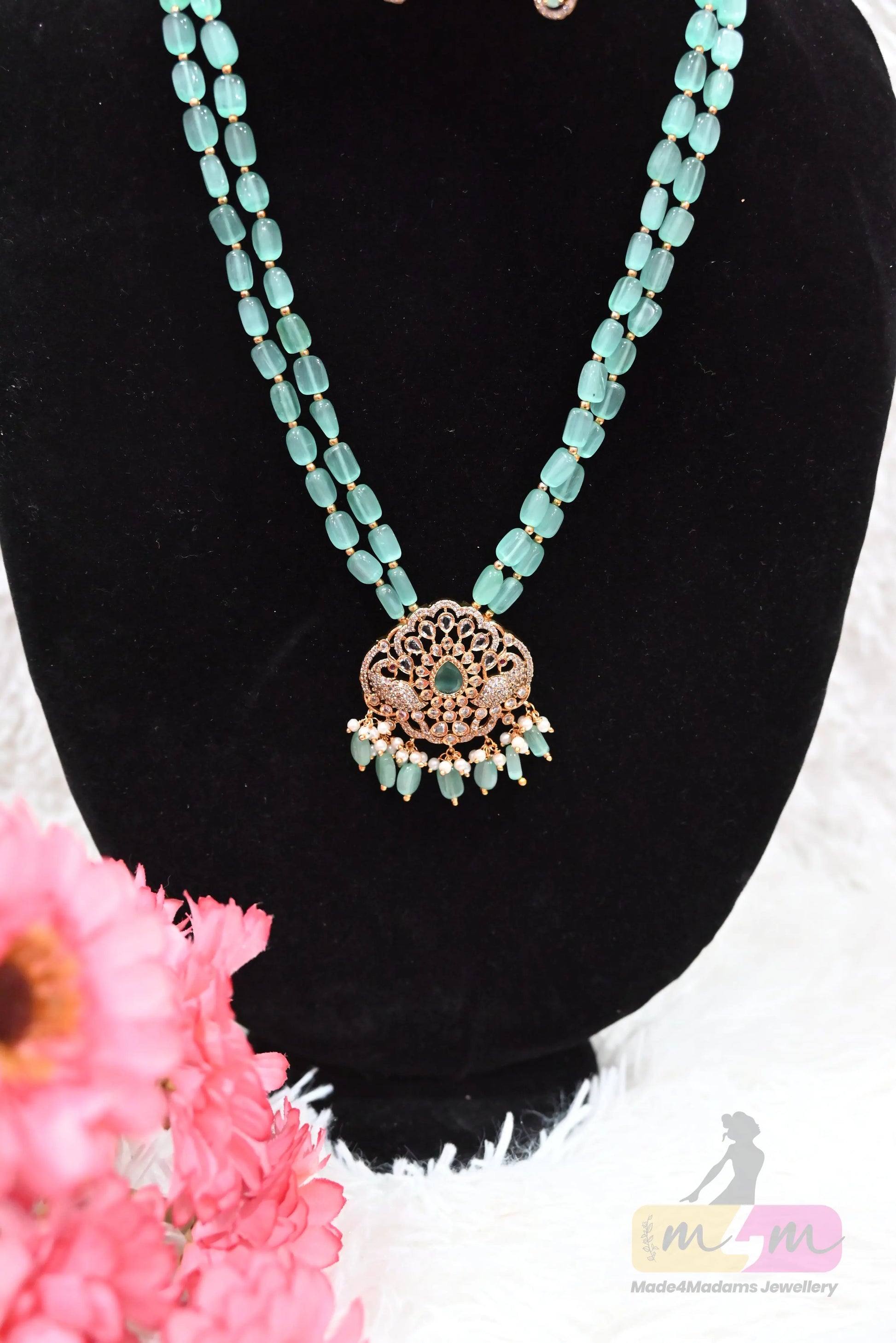 Elegant Aqua green Bead Necklace Set with Earrings Made4Madams