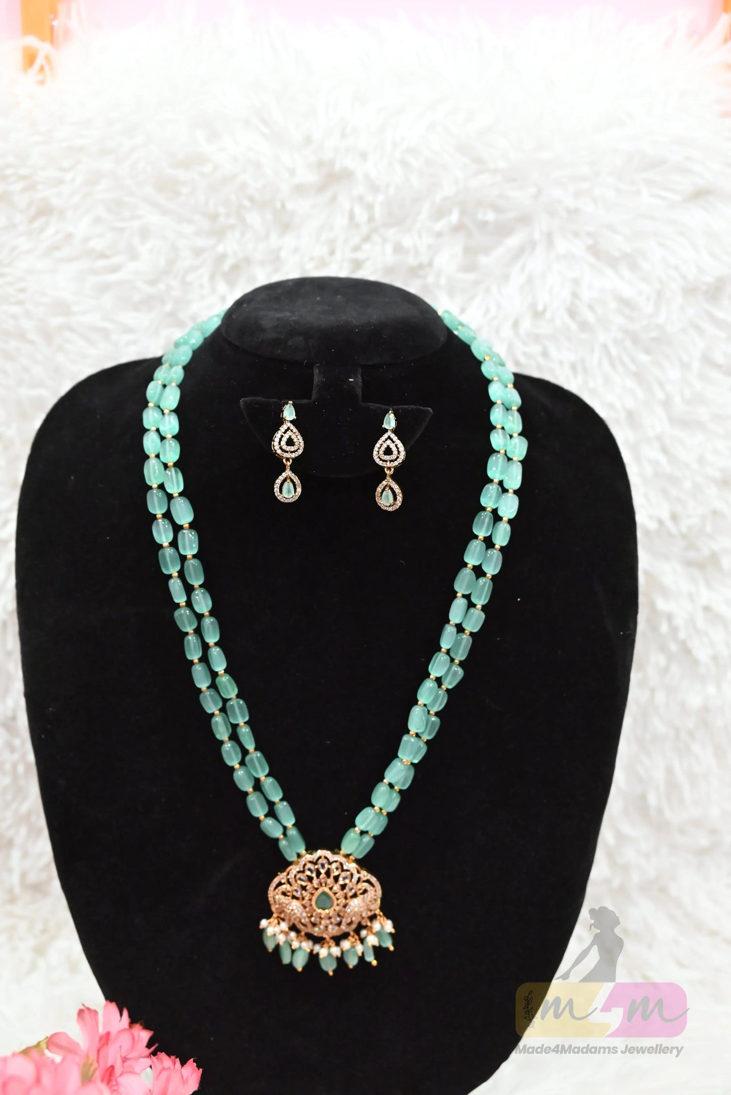 Elegant Aqua green Bead Necklace Set with Earrings Made4Madams
