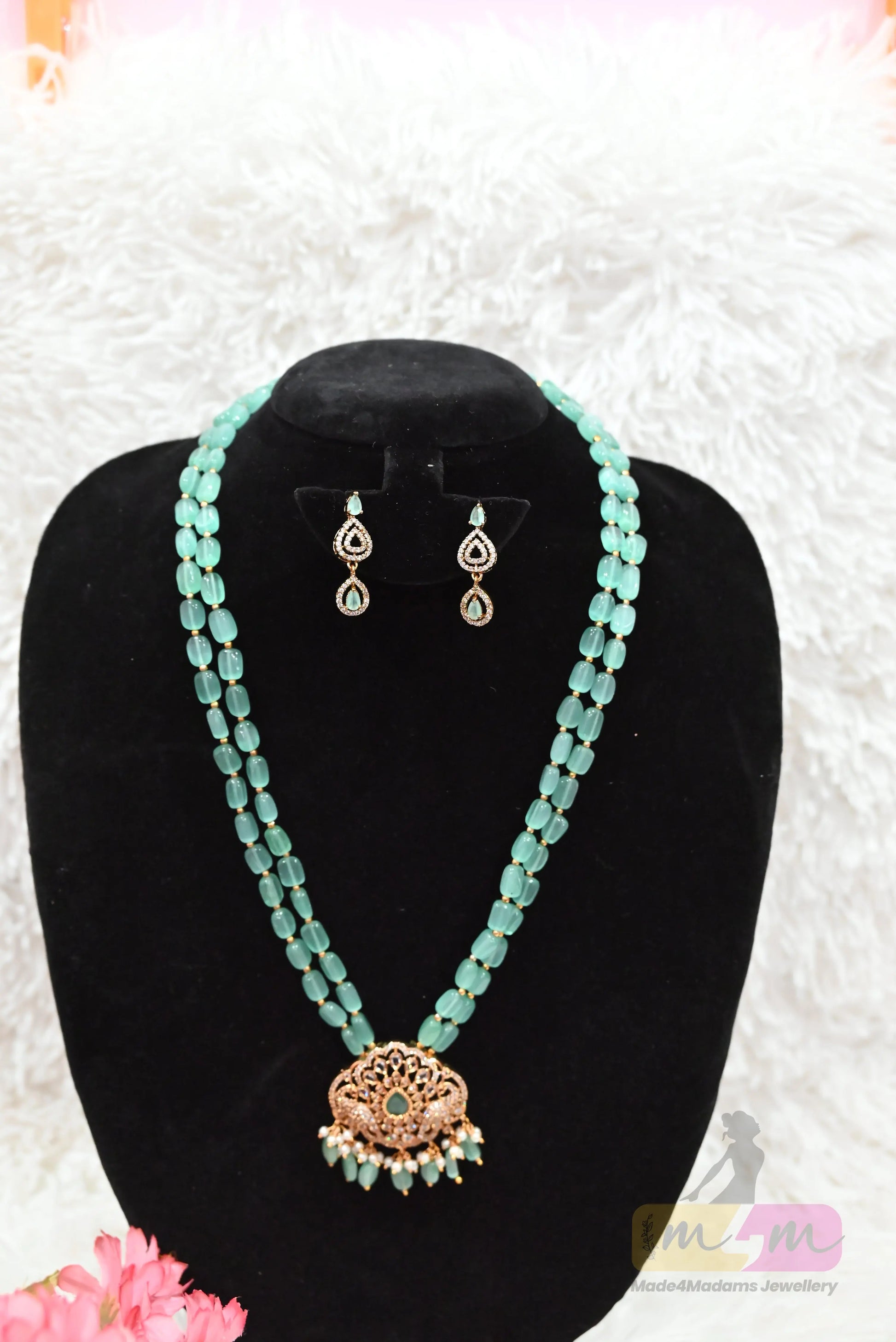 Elegant Aqua green Bead Necklace Set with Earrings Made4Madams