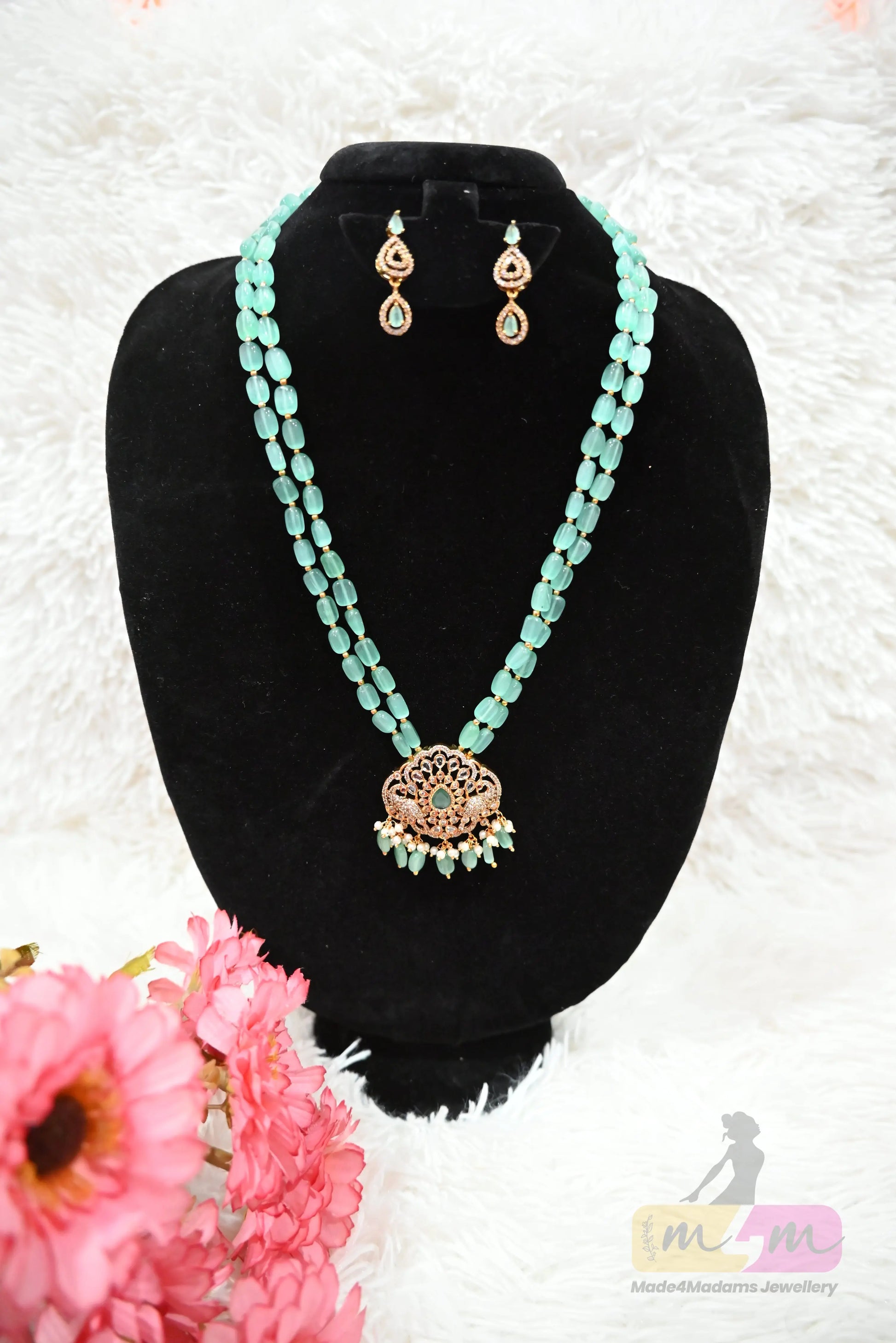 Elegant Aqua green Bead Necklace Set with Earrings Made4Madams
