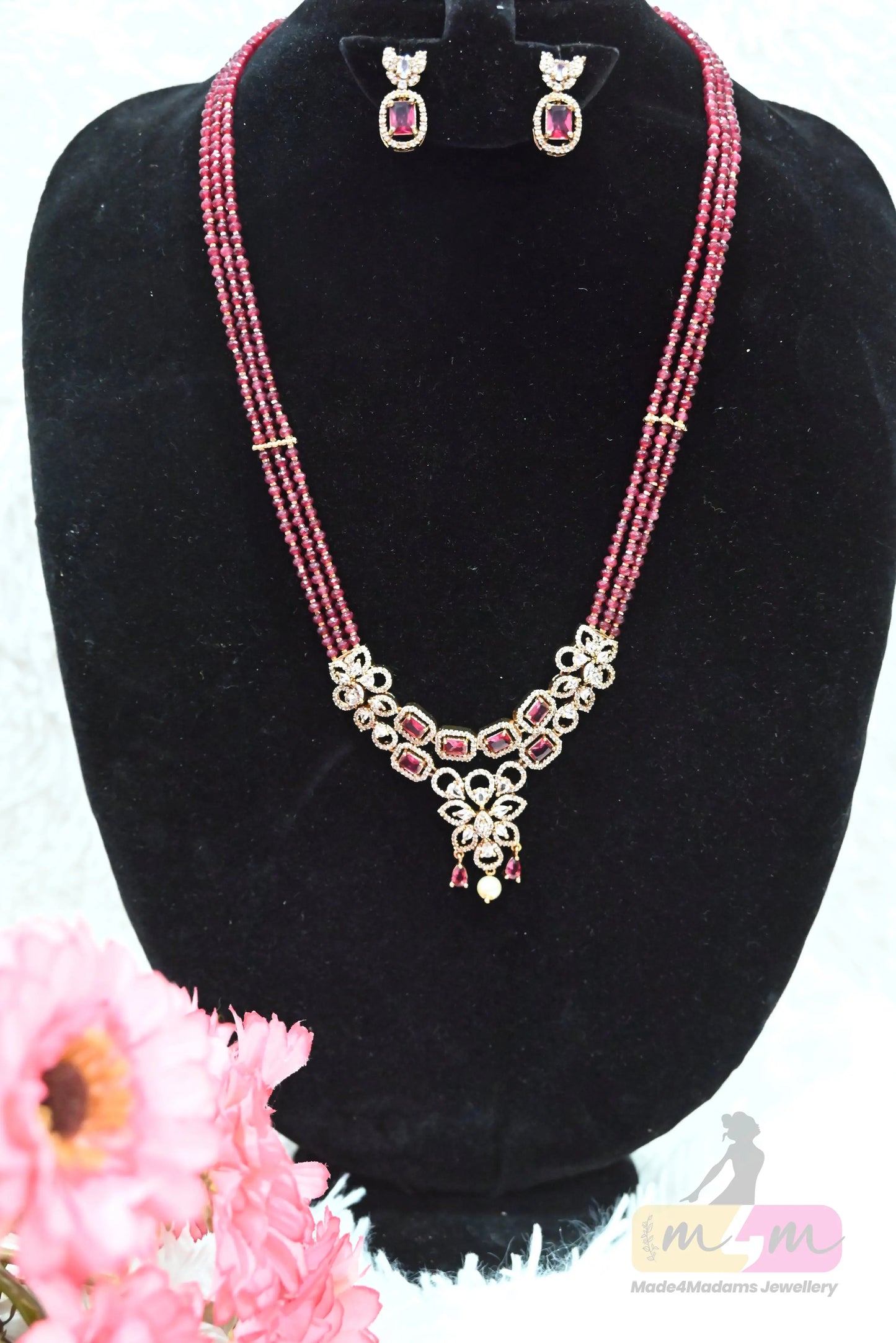 Elegant Maroon Bead Necklace Set with Earrings Made4Madams