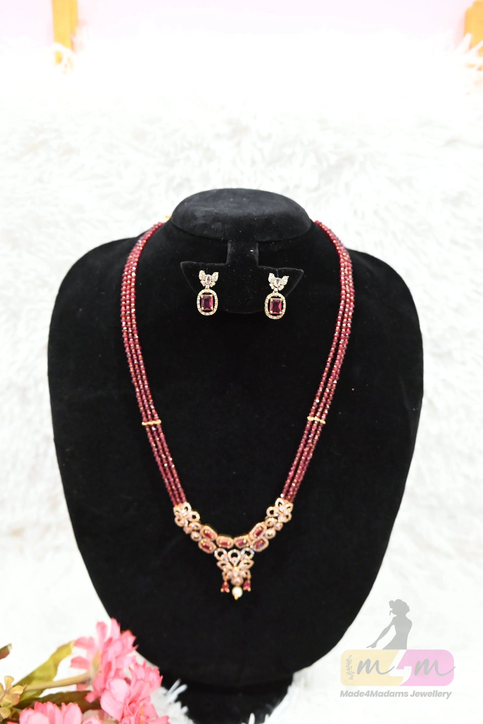 Elegant Maroon Bead Necklace Set with Earrings Made4Madams