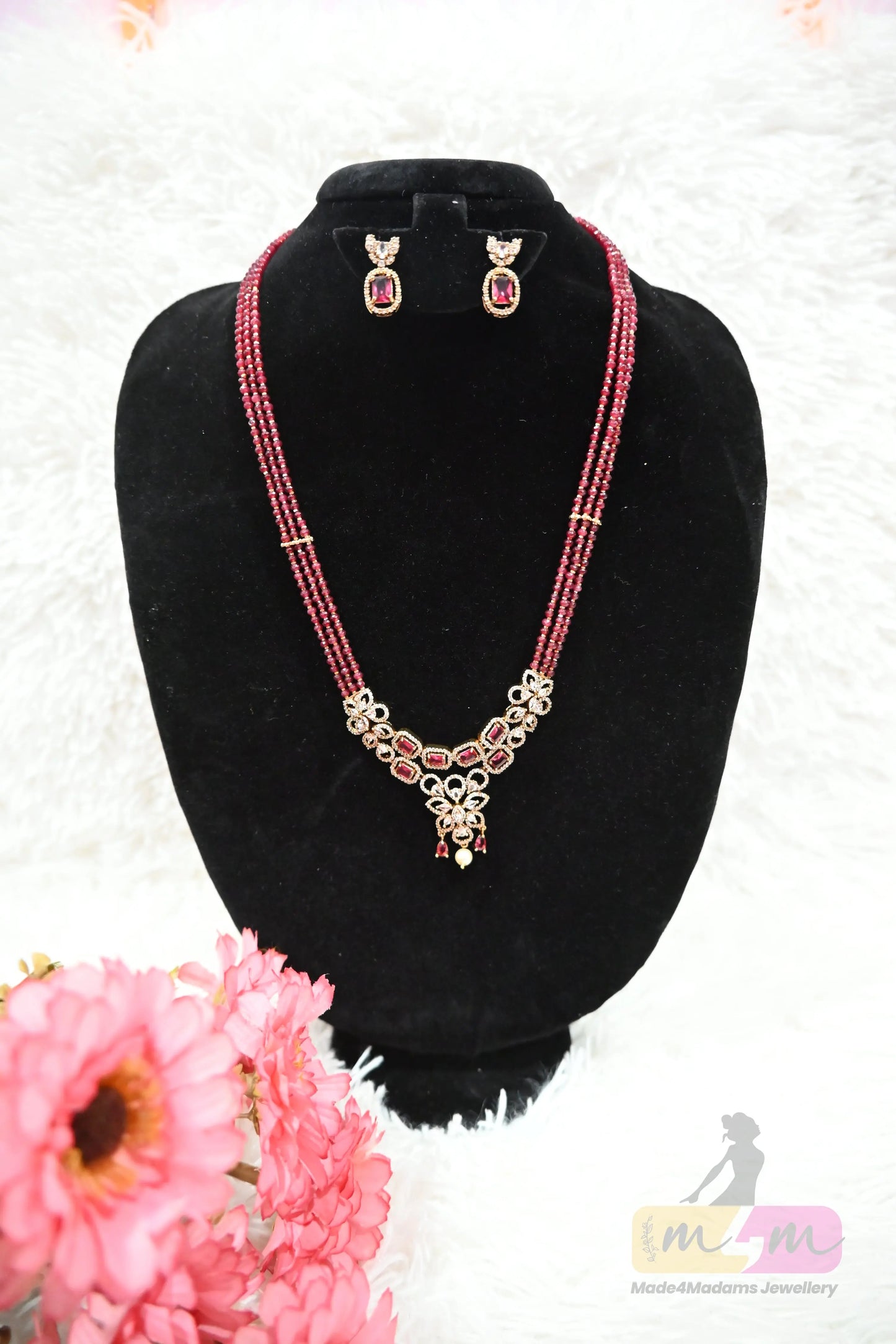 Elegant Maroon Bead Necklace Set with Earrings Made4Madams